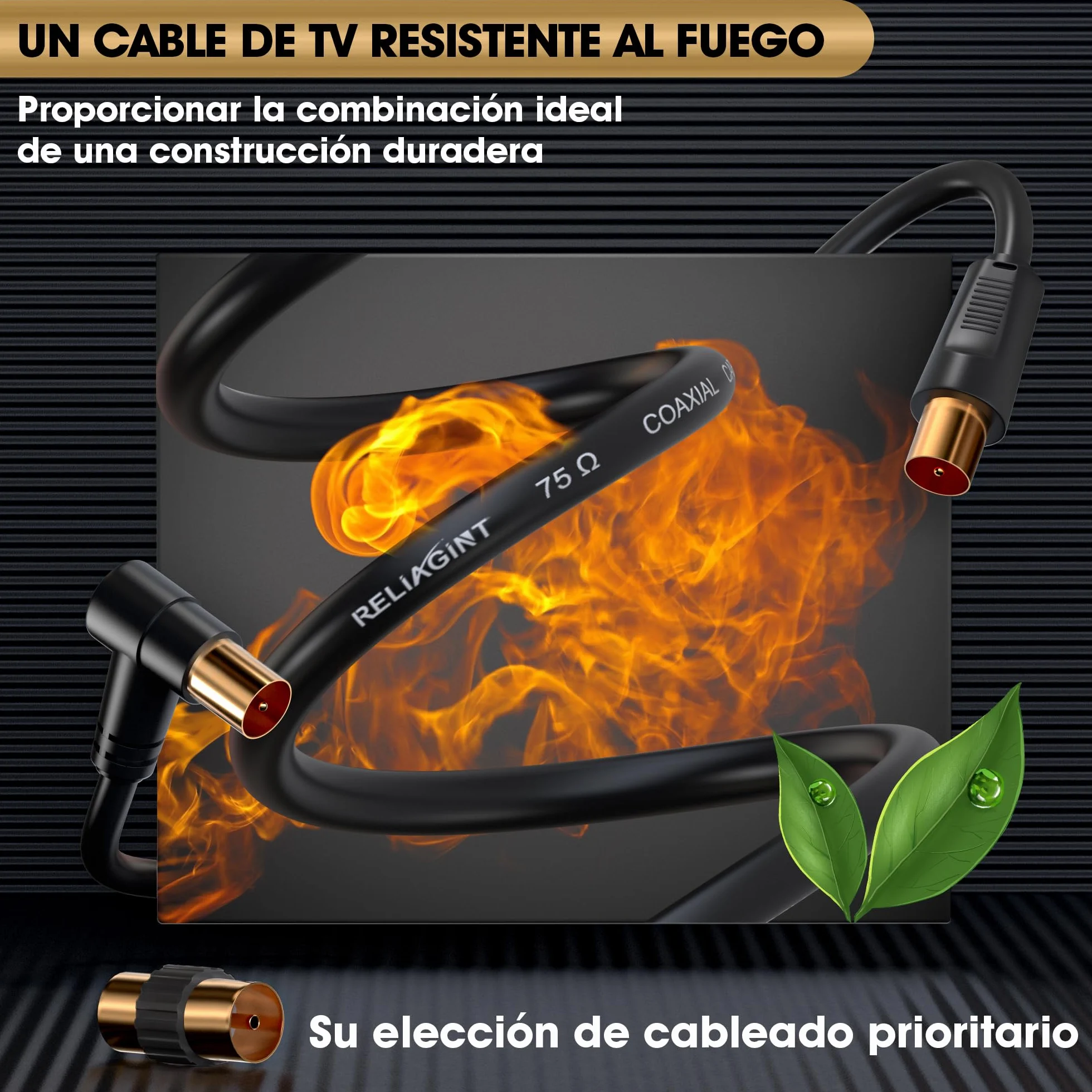 Cable antena TV 0.5m, cable coaxial 75 Ohm IEC 9,5 mm macho a macho 3C2V cobre puro doble blindaje, conector acodado, adaptador hembra a hembra incluido, negro