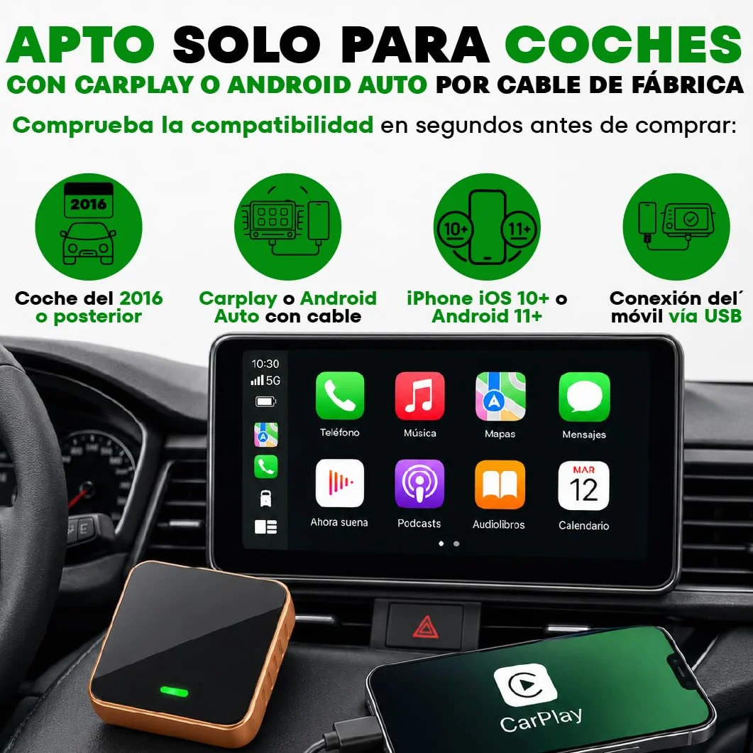 Carplay Inalambrico 2026 Adaptador Android Apple Auto Inalambrico para Coche Bluetooth WiFi USB C Plug Play Compatible iPhone Conexion Estable Sin Cables Mini Dongle Accesorios Coche Interior Air USB