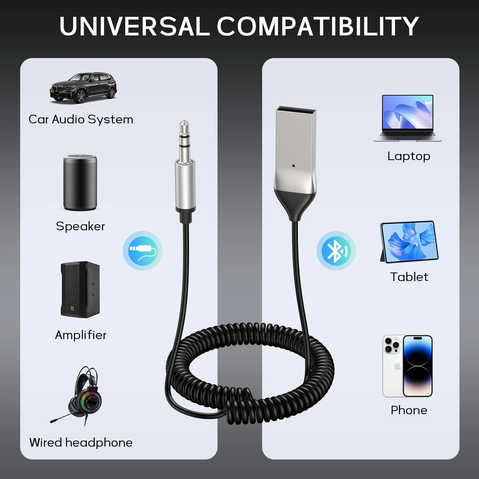 Mugust USB Receptor Bluetooth 5.3 Adaptador Jack 3.5mm Aux Auxiliar Conector Audio Cable Coche Manos Libres Móvil Altavoces