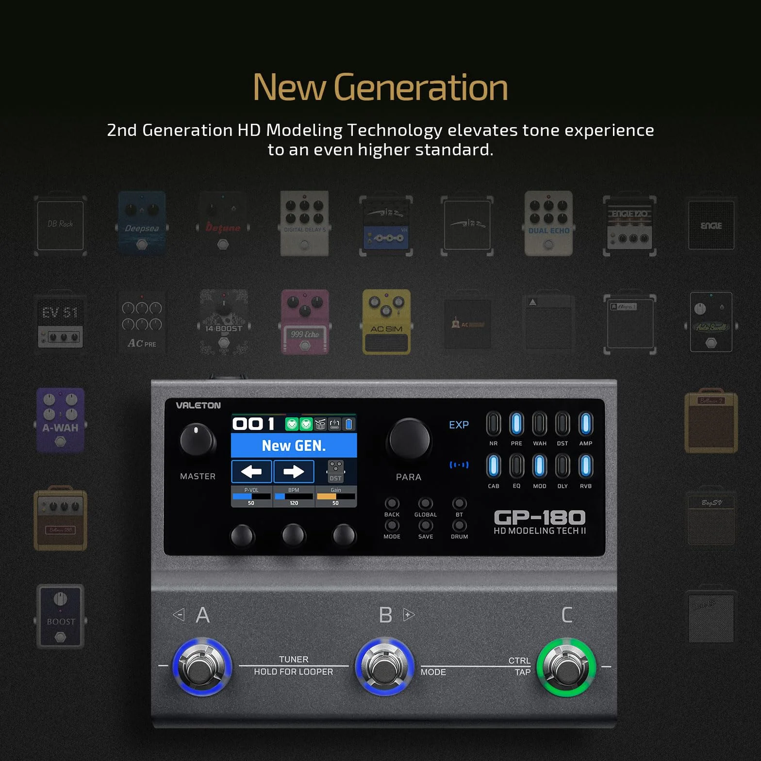 VALETON Procesador multiefectos para guitarracon modelado HD, 200+ efectos, soporte IR y NAM, looper, caja de ritmos, interfaz de audio USB GP-180