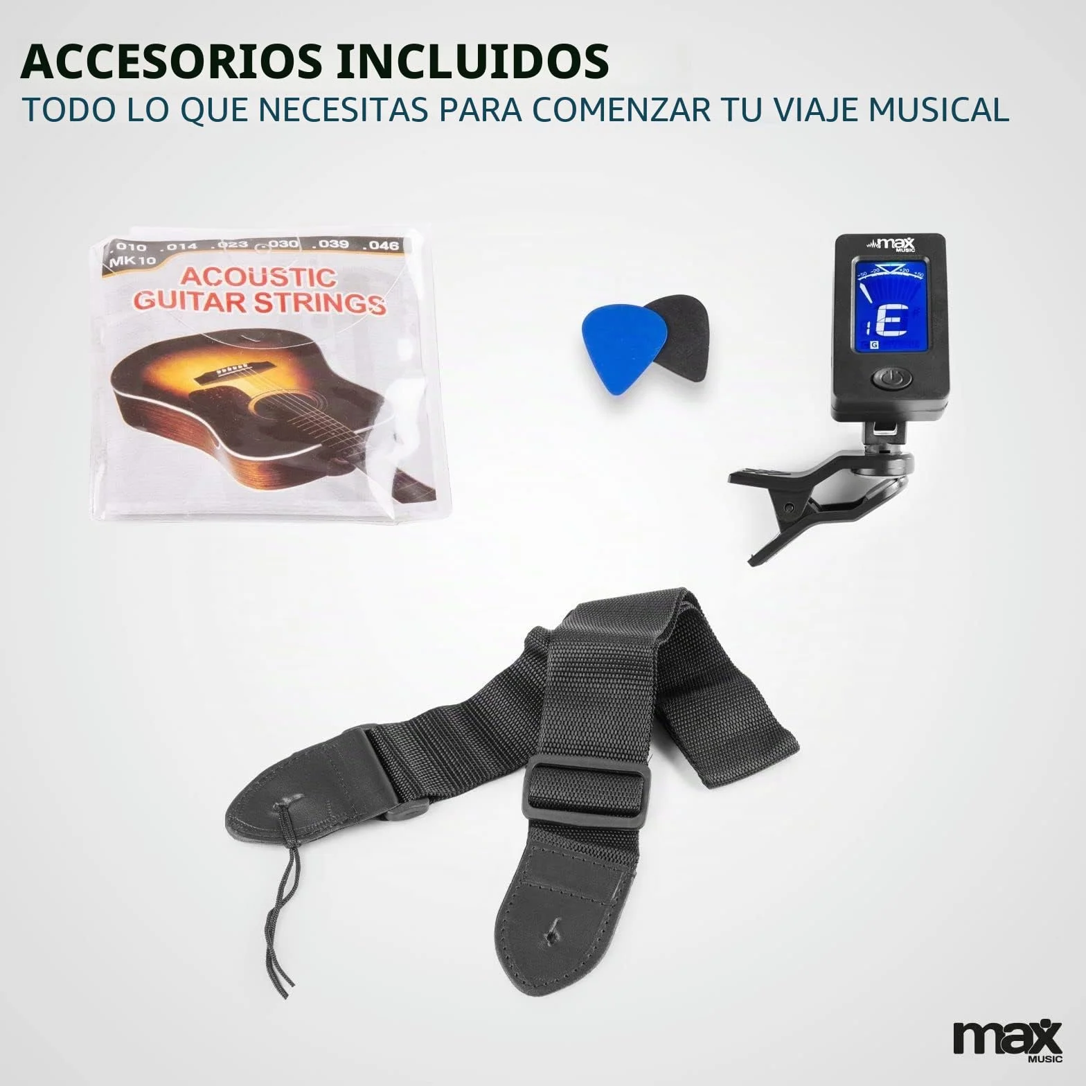MAX SoloJam Guitarra Acústica Madera Oscura – Pack de Iniciación con Funda, Afinador, Correa, Púas y Cuerdas de Repuesto. Kit Completo para Aprender, Practicar o Regalar a Músicos Principiantes