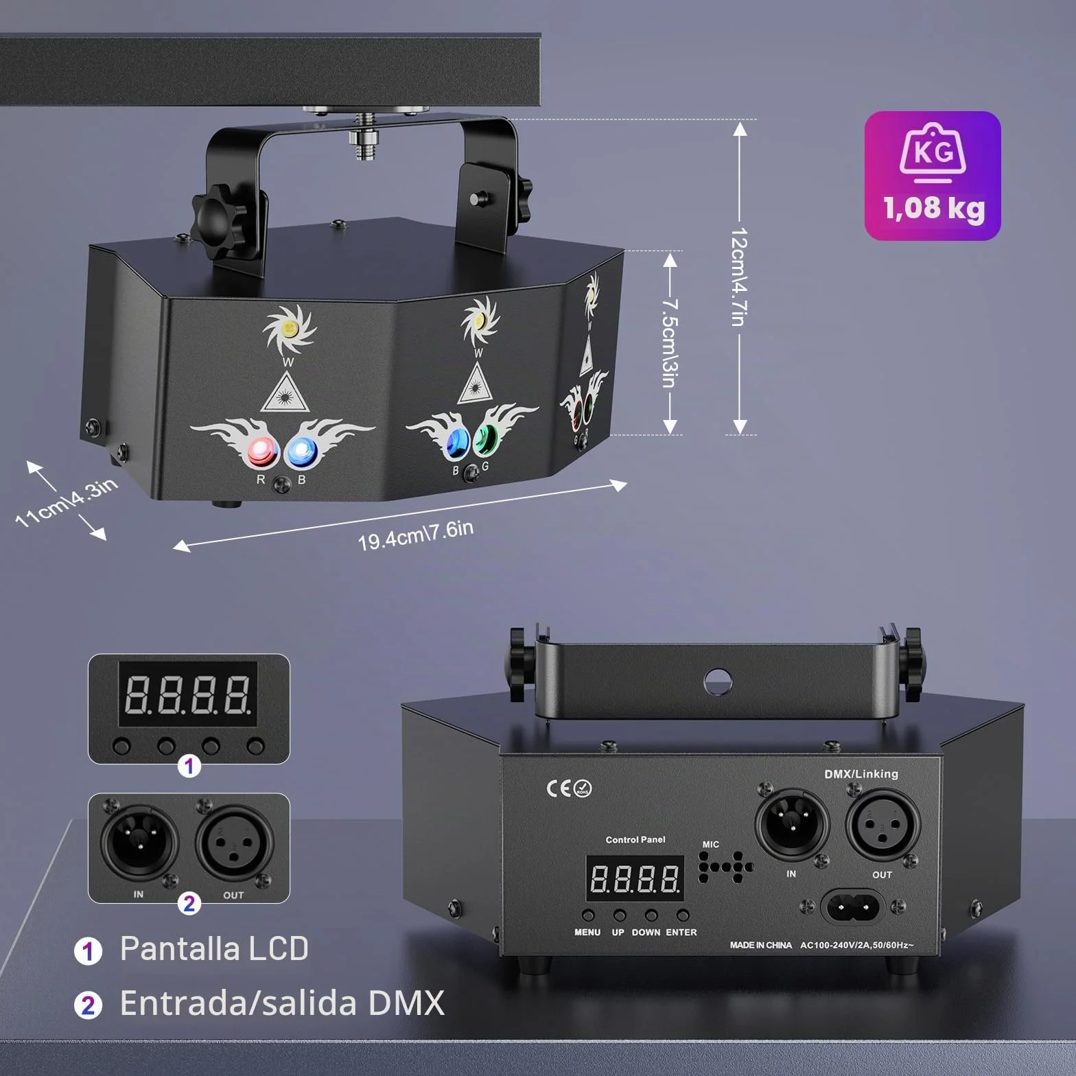 Luz de discoteca, DMX 9 LED RGB Luz de fiesta Proyector Dj con efecto de iluminación estroboscópica con activación de sonido para fiestas en casa karaoke barra de boda de cumpleaños