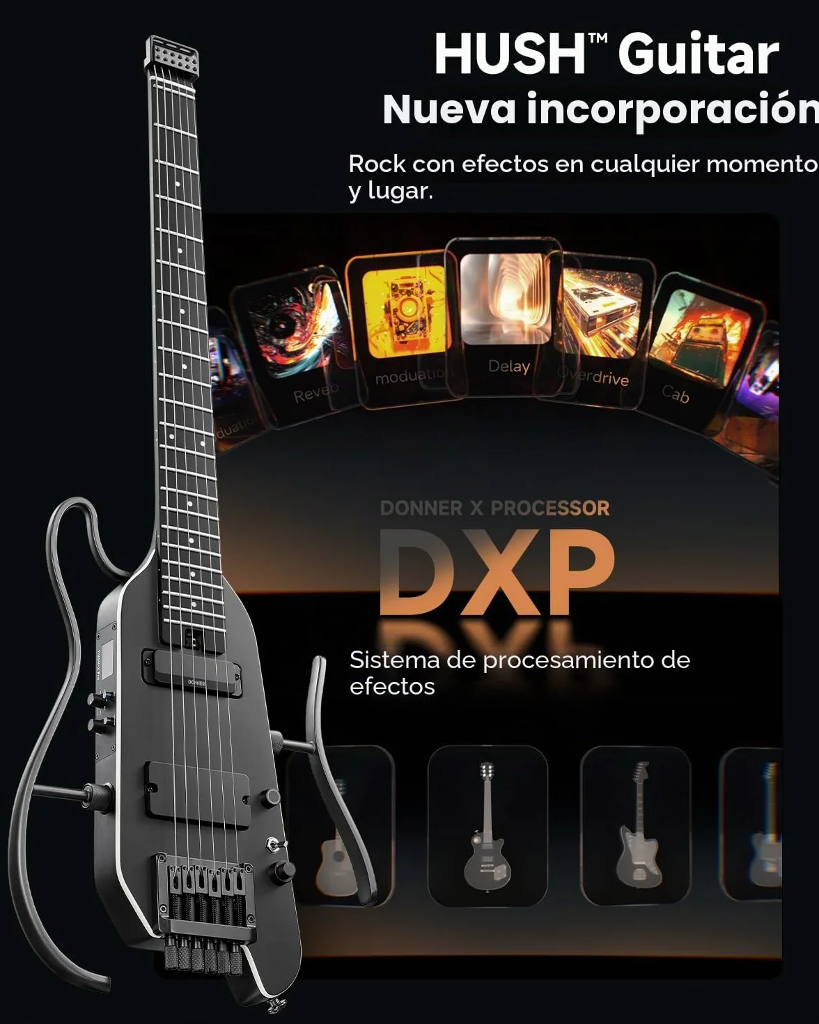 Donner HUSH X PRO Kit de guitarra eléctrica – Guitarra de viaje inteligente con docenas de combinaciones preestablecidas, 7 opciones de simulación de tono, Negro