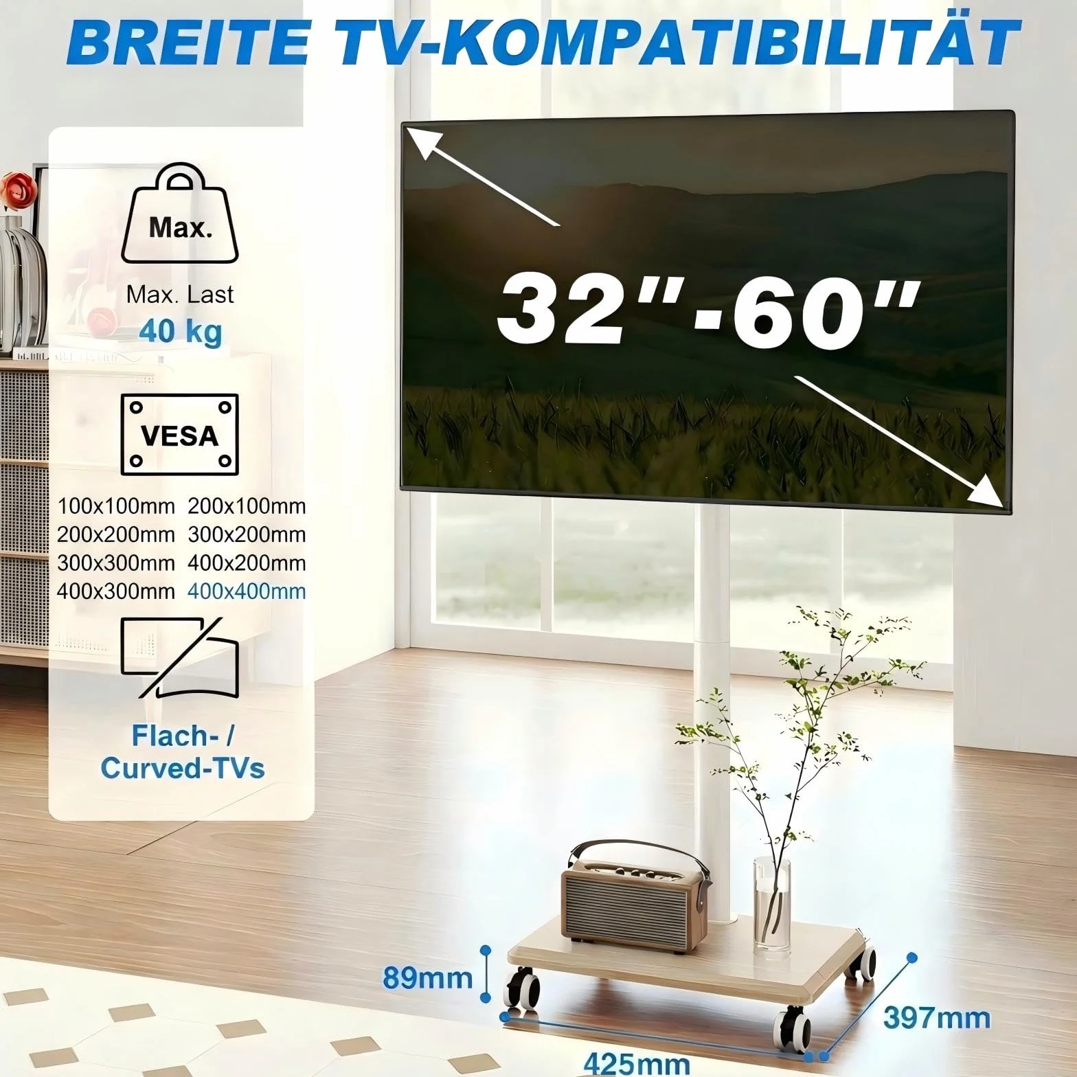 Soporte de TV con Ruedas para Televisores de 27-65 Pulgadas, Ajuste de Altura y Giro, Base de Madera, VESA 400x400mm, 40kg, Beige