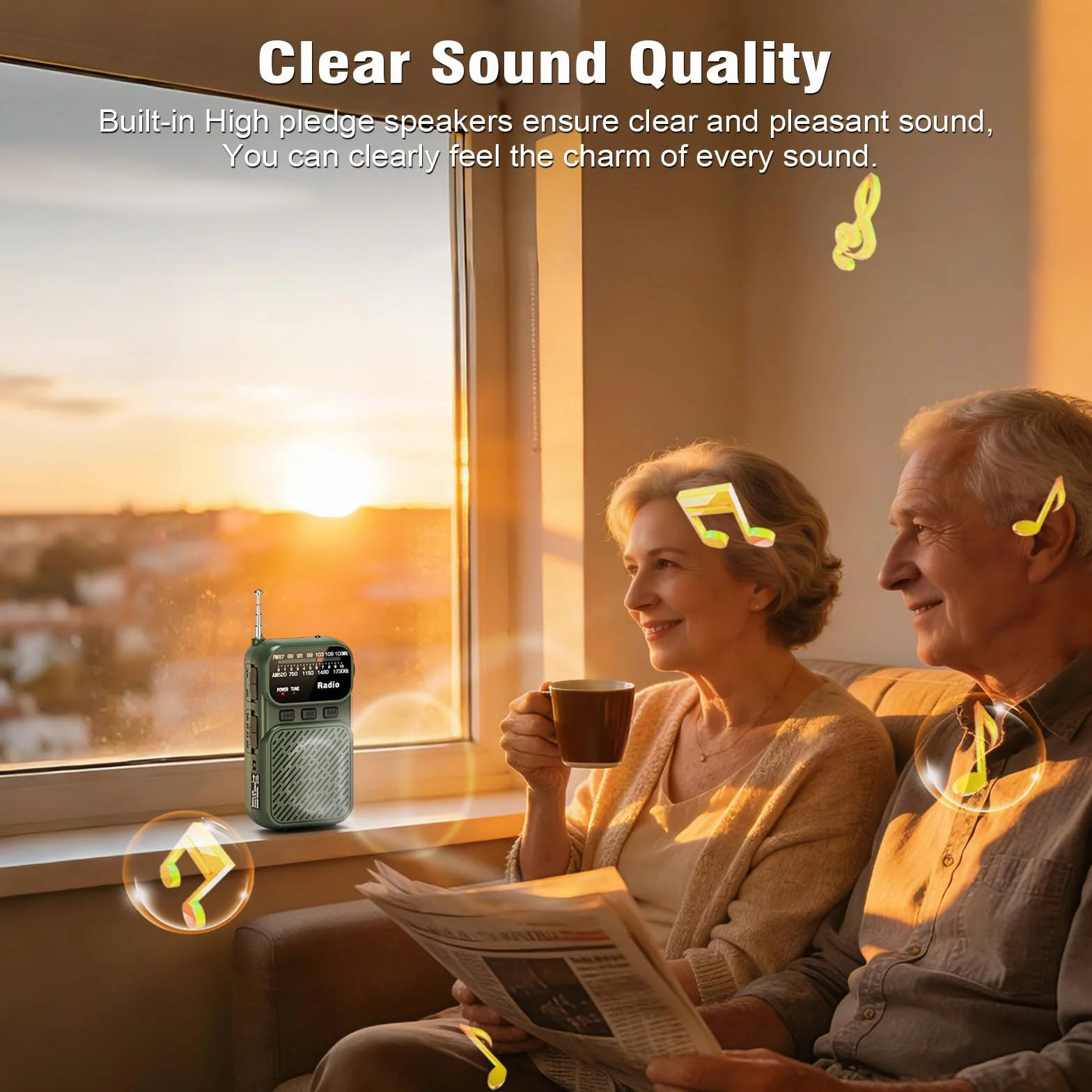 Tendak Radio Portátil AM/FM/FM Bluetooth, Mini Radio con Batería 1200 mAh, Pilas AAA, Carga USB-C, Lámpara TF (Verde)