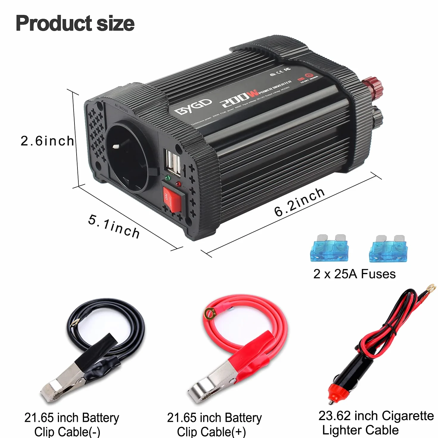 BYGD Inversor de Coche 200W/400W 12V DC a 220V 230V AC, Convertidor con Adaptador de Cargador de Coche Rápido USB Dual 3.1A, para iPad, iPhone, Tablet, Consolas y Cámping
