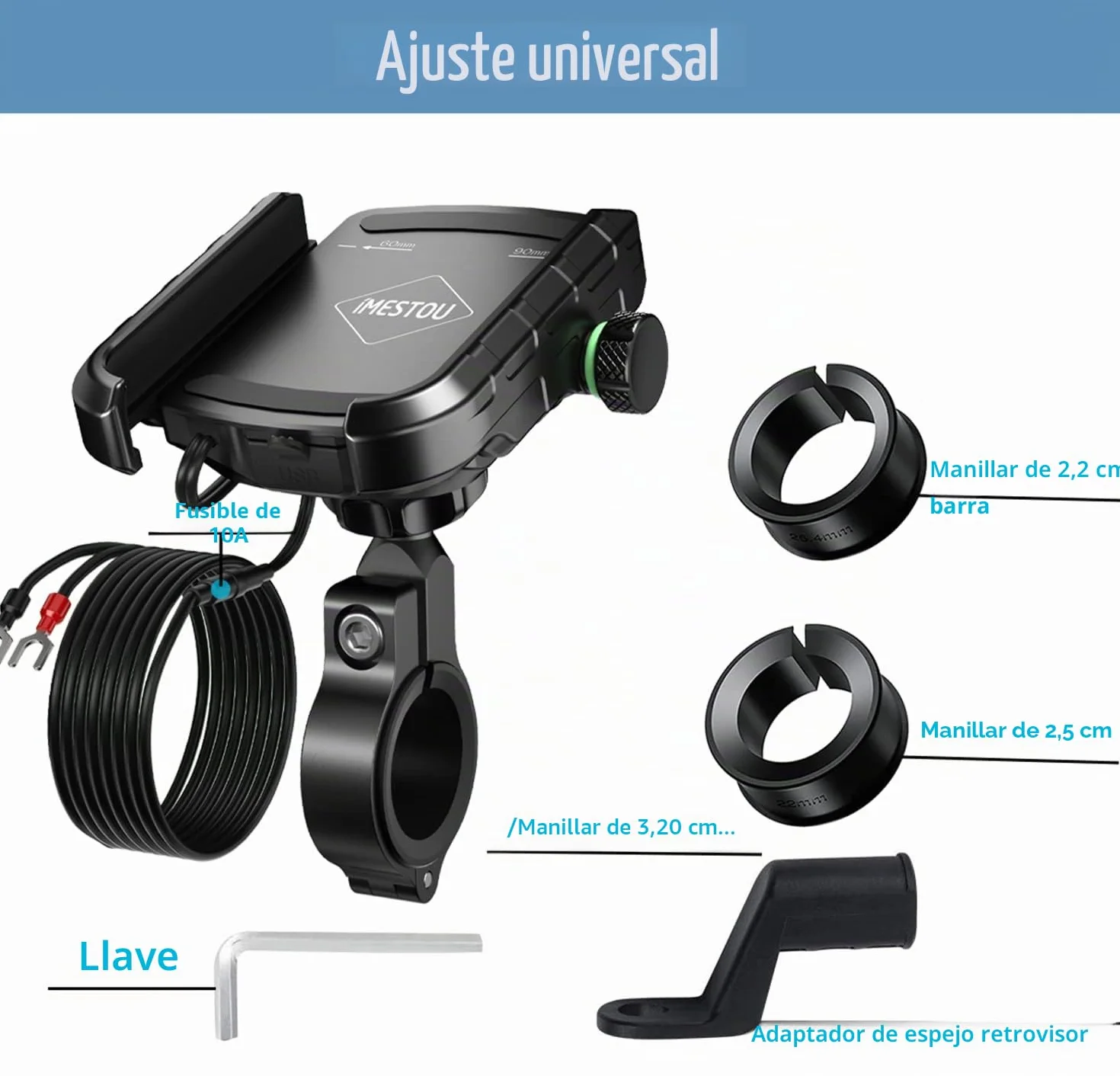 iMESTOU Cargador de Soporte para Teléfono de Motocicleta USB con Enchufe para Manillar/Espejo Retrovisor con Soporte para Vehículos de 12/24V Compatible con Smartphones de 4 a 6,8 Pulgadas