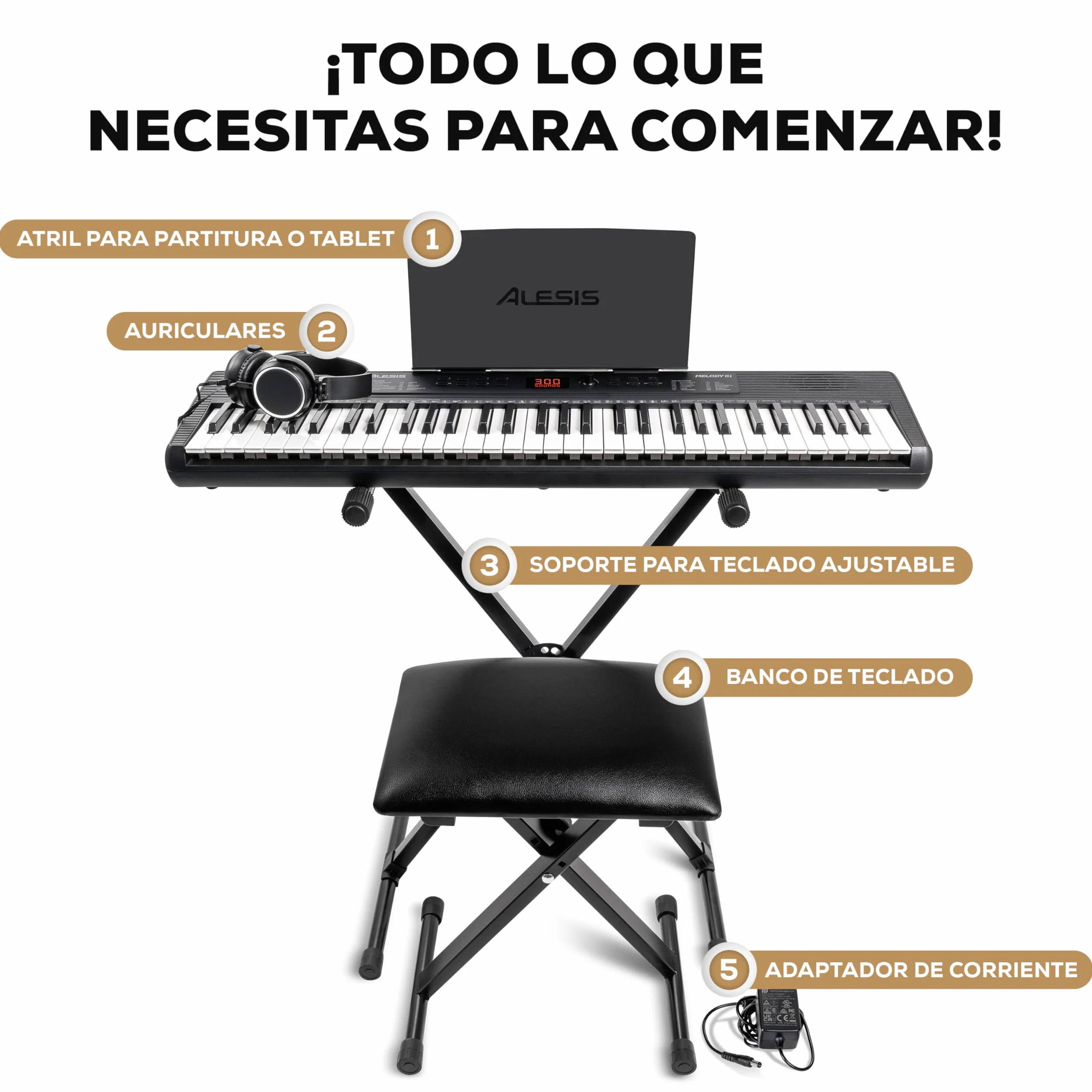 Alesis Melody 61 Teclado Piano Eléctrico para Principiantes con 61 Teclas, Altavoces, Soporte, Banqueta, Auriculares, 300 Sonidos y Lecciones de Música