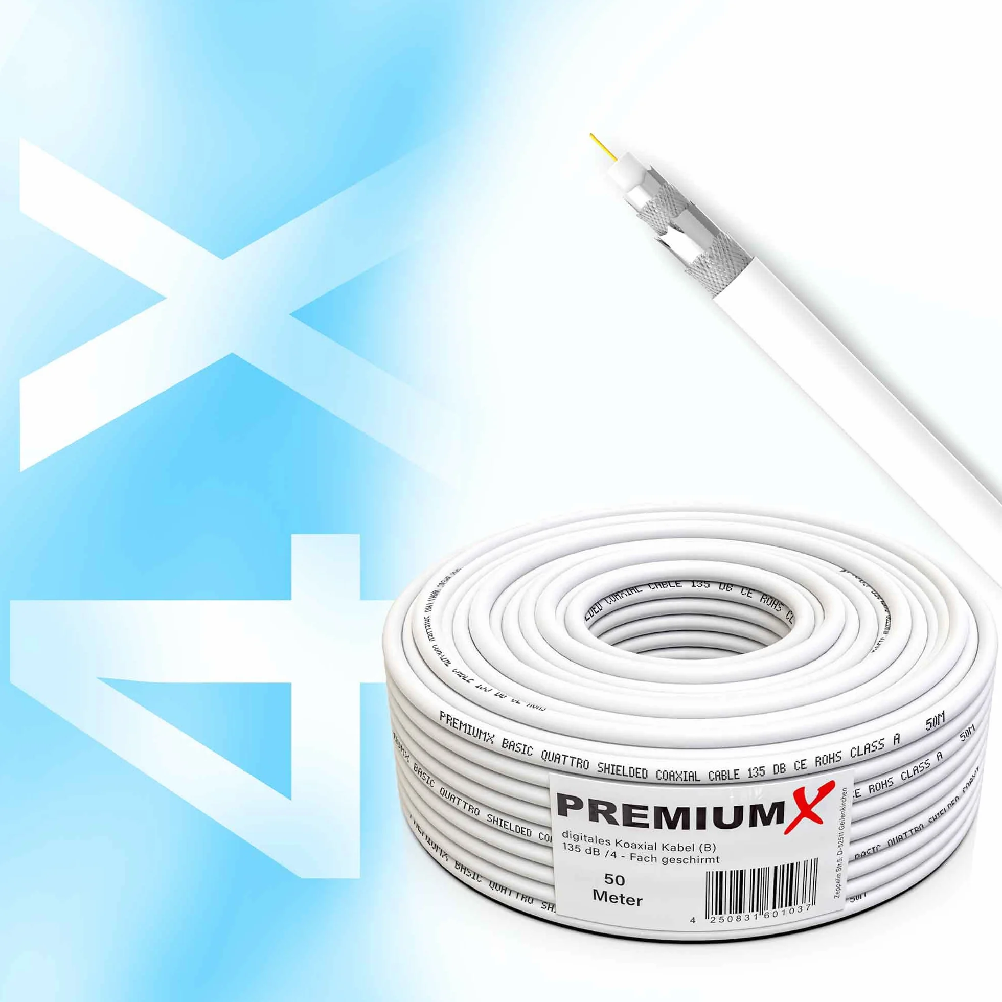 Cable coaxial 50m blindaje aluminio cuádruple 135dB DVB-S/S2 DVB-C DVB-T conectores F