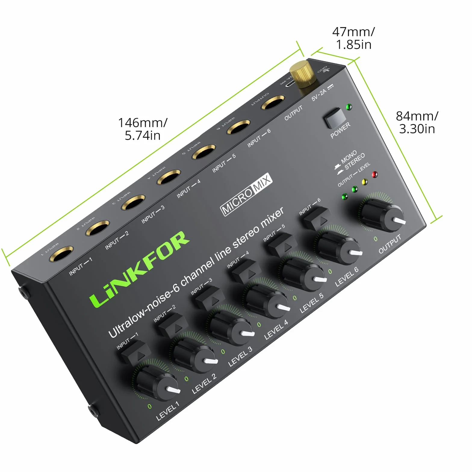 LiNKFOR Mini Mezclador de Audio Estéreo de 6 Canales Compacto Mezclador de Audio Control de Volumen Independiente Mini Mixer de Audio DC 5V USB-C con 6.35mm Cable de Audio para Micrófonos, Altavoces