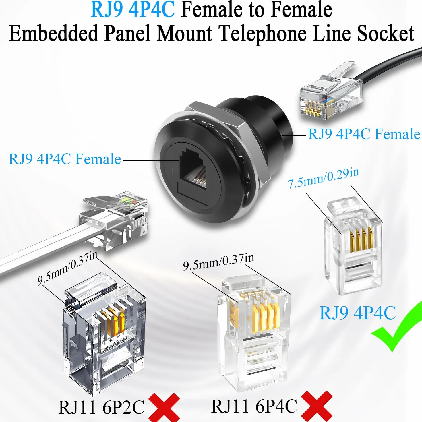 Adaptador RJ9 hembra a hembra 4P4C para cable telefónico montaje fijo Bulkhead Mount conector extensor 7,5 mm estrecho