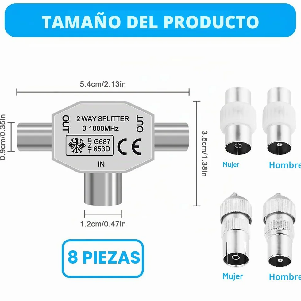 AXFEE Juego de 8 distribuidores de antena, 1 adaptador en T + 1 conector coaxial para TV digital