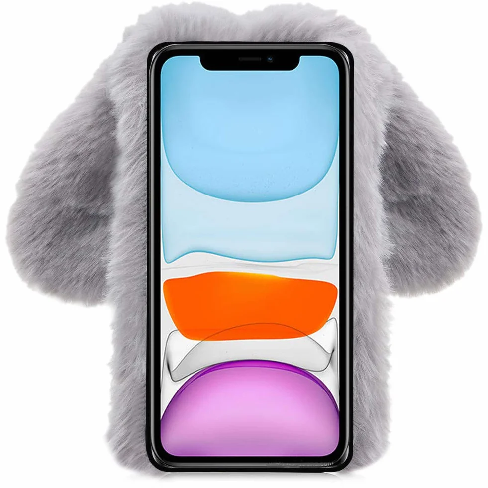 Funda de Conejo para iPhone 12 / iPhone 12 Pro 6,1 Pulgadas Piel Artificial Suave Carcasa Protectora Gris