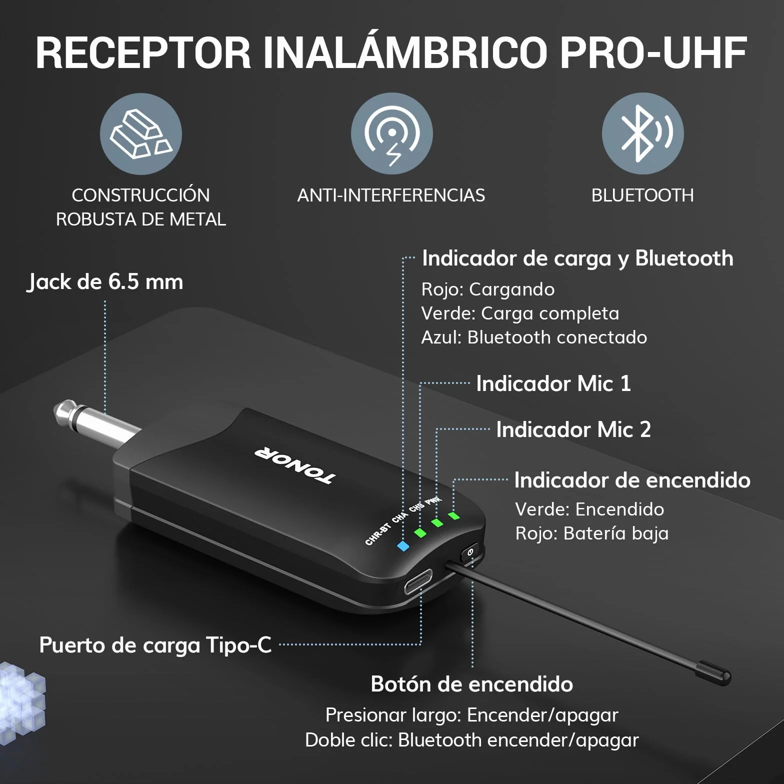 TONOR Micrófono Inalámbricos, Micrófono Metálico Dinámico de Mano Recargable, Receptor de Entrada Bluetooth Auto-Pair, 2x25 Frecuencias UHF,Clic para Silenciar, para Canto/DJ/Boda/Iglesia,100 M, TW720