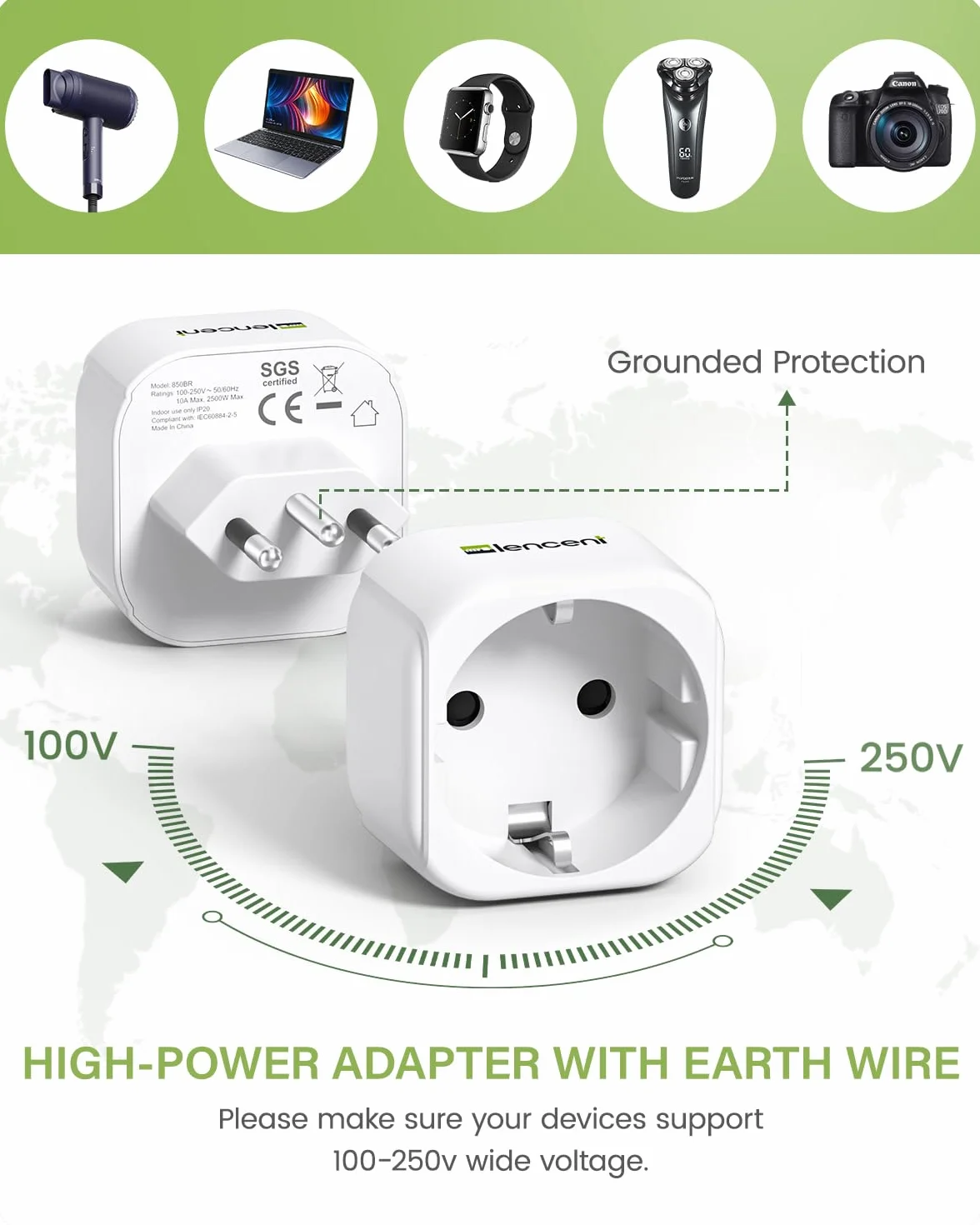 LENCENT 2 Piezas Adaptador Enchufe BR Tipo N de España a Brasil y Sudafrica, Adaptador 2-Pin Europeo a 3-Pin para Brasil y Sudafrica