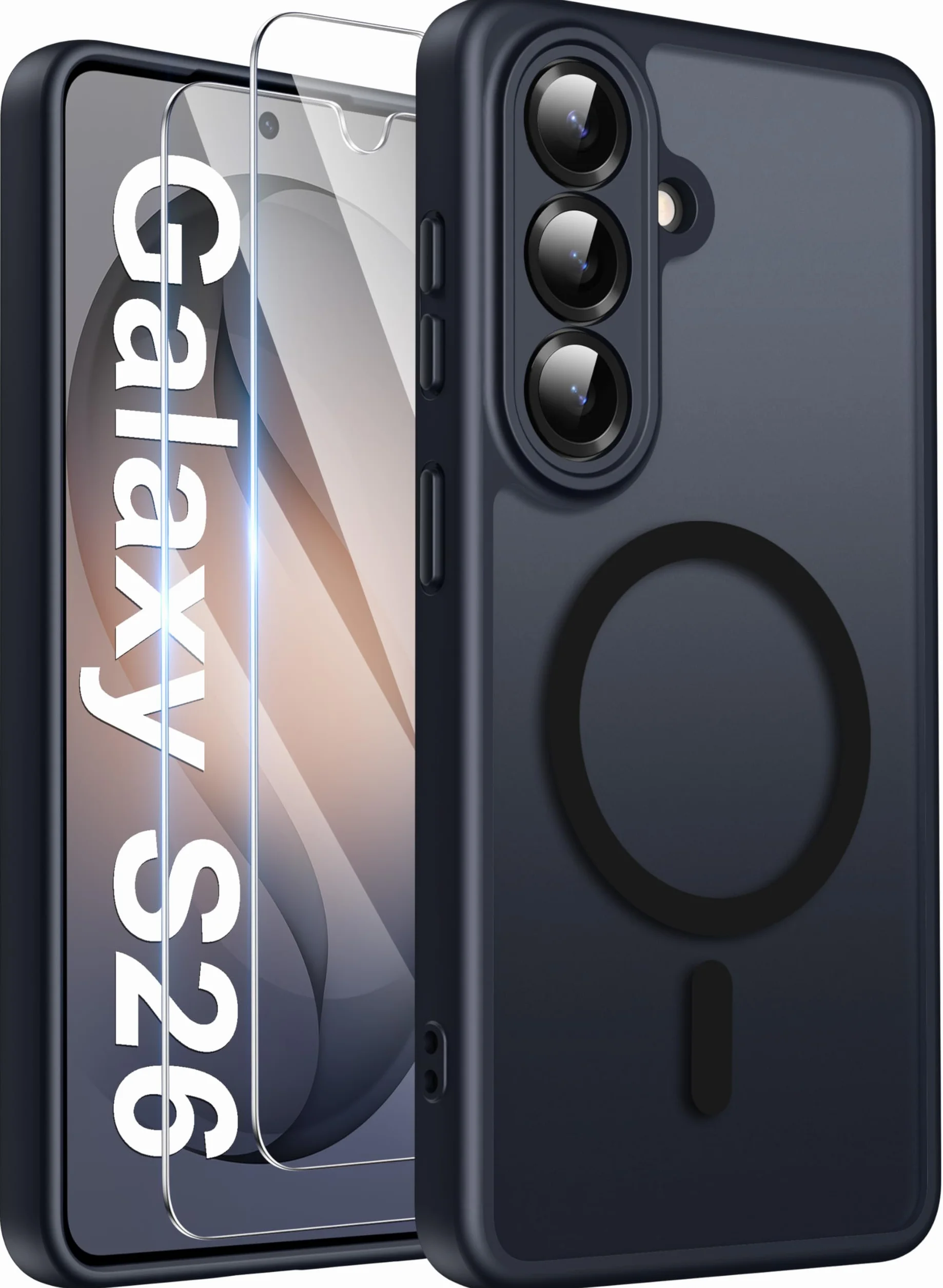 Opkiegrn Funda para Samsung Galaxy S26 Magnética Compatible con Magsafe con 2 Protector de Pantalla Carcasa, Protectora Antigolpes para S26 Translúcido TPU Mate Funda - Negro