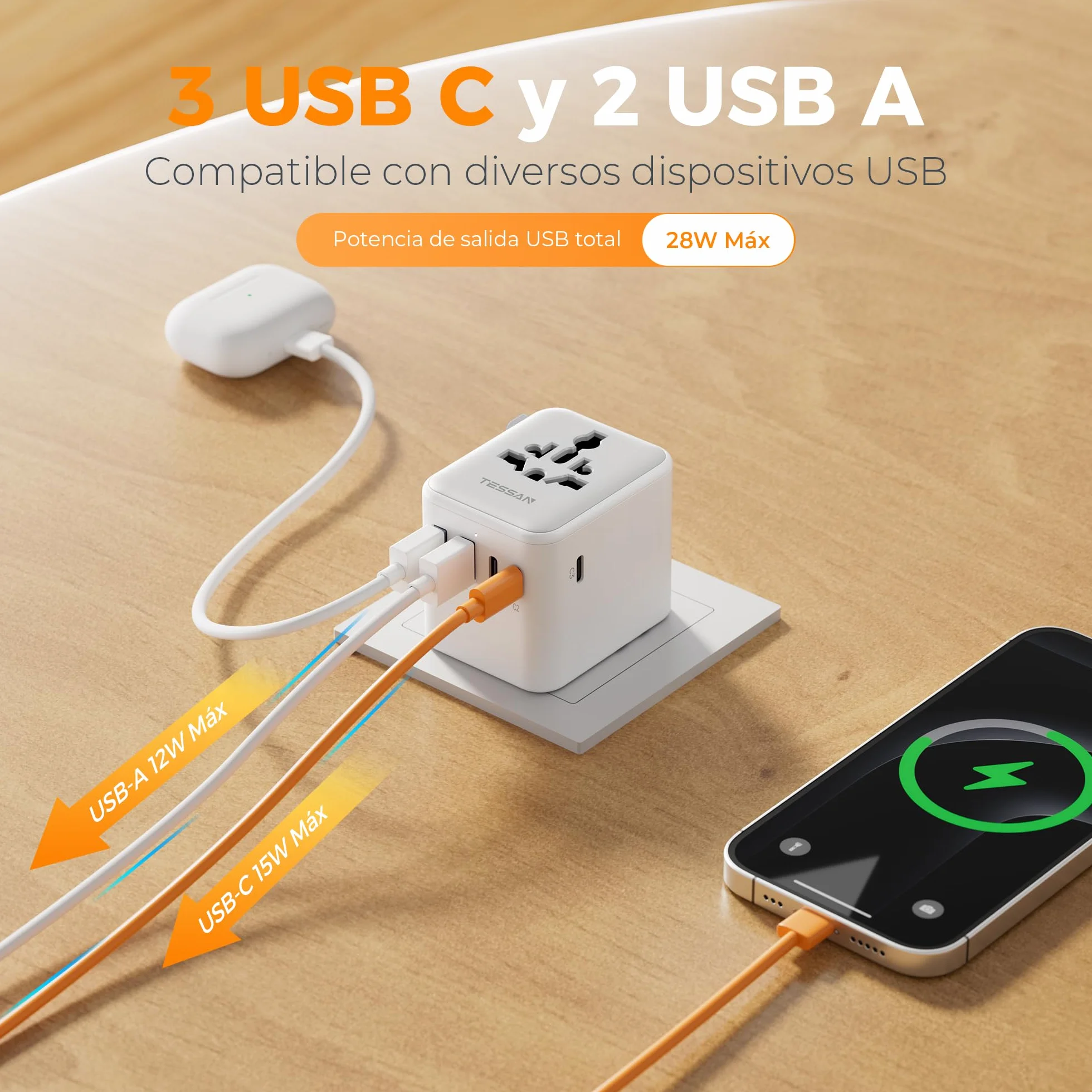 TESSAN Adaptador Enchufe Universal Viaje con 2 USB y 3 USB C para USA UK Irlanda Australia 224 Países