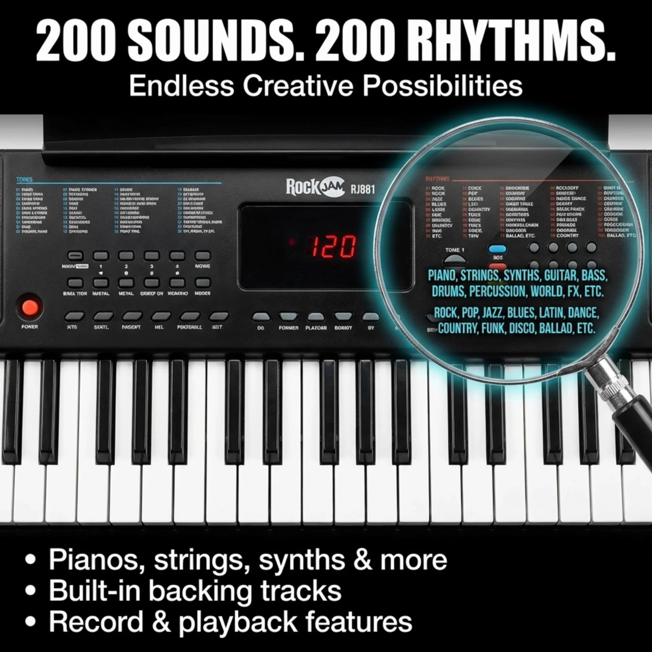 Teclado RockJam compacto de 61 teclas con soporte para partituras, fuente de alimentación, pegatinas para notas de piano y lecciones de piano simples