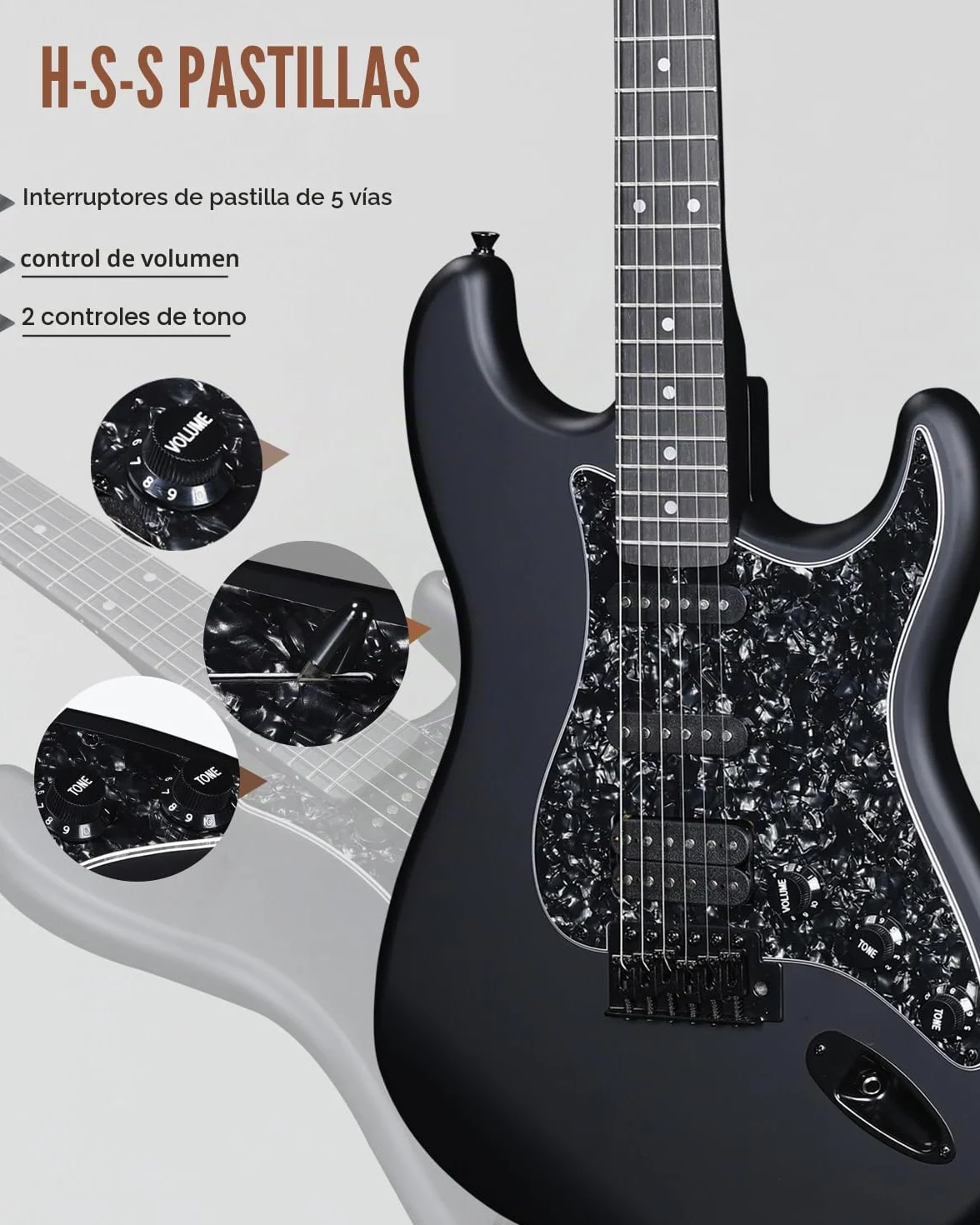Winzz Guitarra Eléctrica Adulto 4/4 Tamaño Completo, Pastilla HSS, Guitarra Eléctrica ST para Principiantes Pack con 12 Accesorios, Electric Guitar Kit por 12+ Años (39" Negro Mate, Pickguard Negro)
