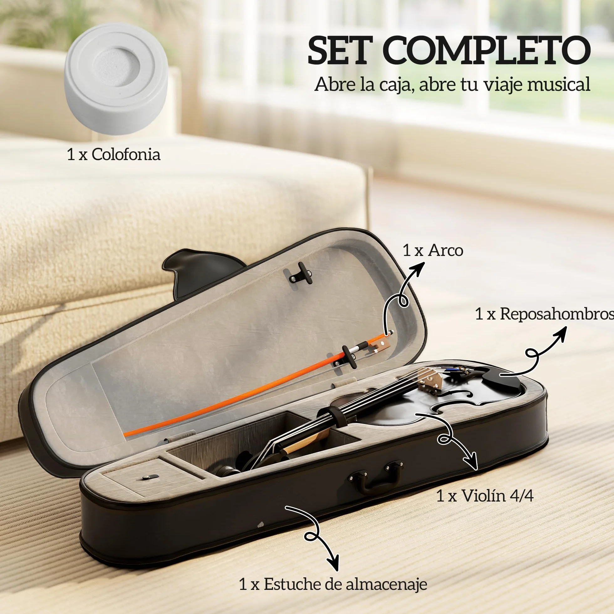 HOMCOM Violín 4/4 de Tamaño Completo de Madera, Set de Violín para Principiantes, Adultos y Niños, con Estuche Ligero, Arco, Colofonia, Afinadores, Cuerdas y Soporte para Hombro, Negro