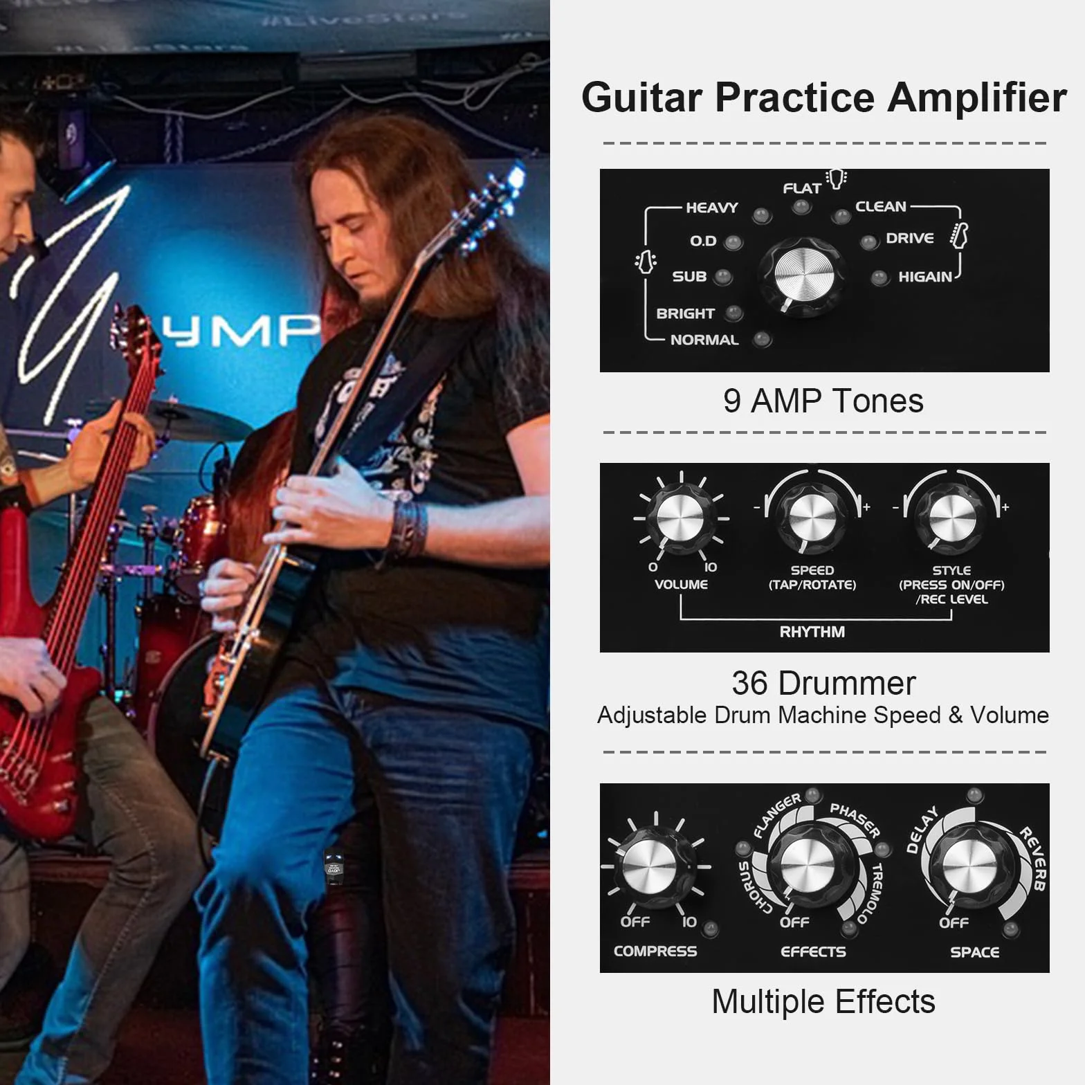 JOYO Combo de amplificador de graves portátil de 15 W | 9 modelos de amplificador + 6 modulaciones FX + Looper y máquina de tambor | Batería recargable | Modelado digital | para práctica de bajista