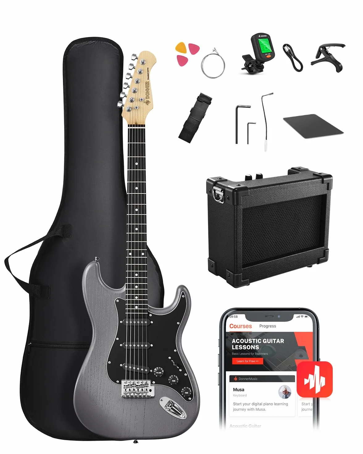 DONNER DST-80 Guitarra Eléctrica Kit para Principiantes de 39” con Amplificador, Pastilla Clásica SSS, Incluye Funda, Afinador, Capodastro, Correa, Púas y Lecciones en Línea Gratuitas
