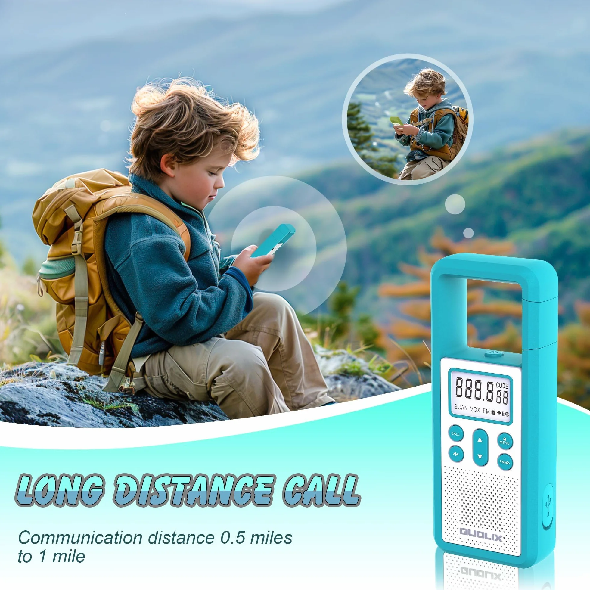 Walkie Talkie Largo Alcance, QUOLIX 4pcs Profesional USB Recargable con Batería Incorporada 8 Canales Radio - Fácil Emparejamiento Alerta SOS Activado por Voz VOX LED Linternas para Adultos Niños