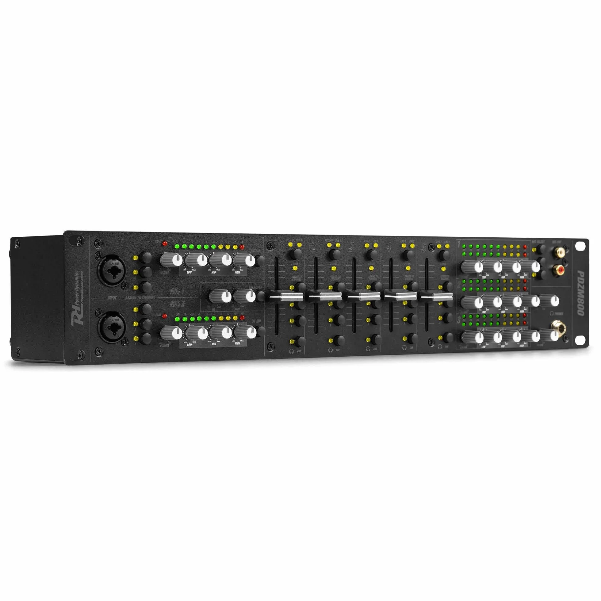 Power Dynamics PDZM800 Mezclador de audio, Mezclador de 3 zonas, instalaciones de altavoces, procesador DSP, 5 entradas + 2 canales de entrada MIC, talkover, CUE, rack 19» 2U, XLR, jack, +48V phantom