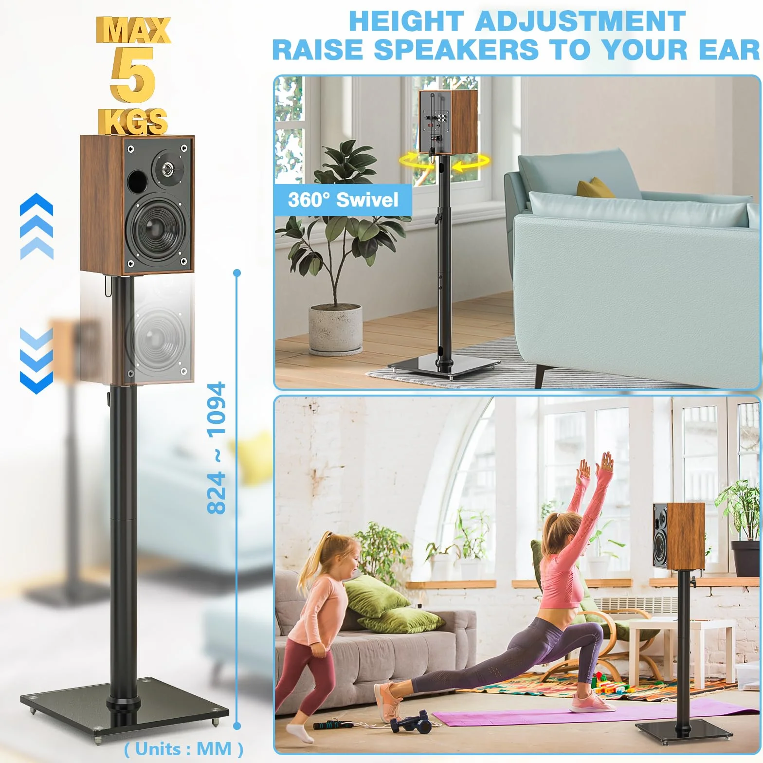 Soporte para Altavoces 5Rcom Altura Ajustable para Satélite y Estantería, Pack de 2, Soporta 5kg por Unidad, Diseño Elegante, Montaje Fácil, Gestión de Cables