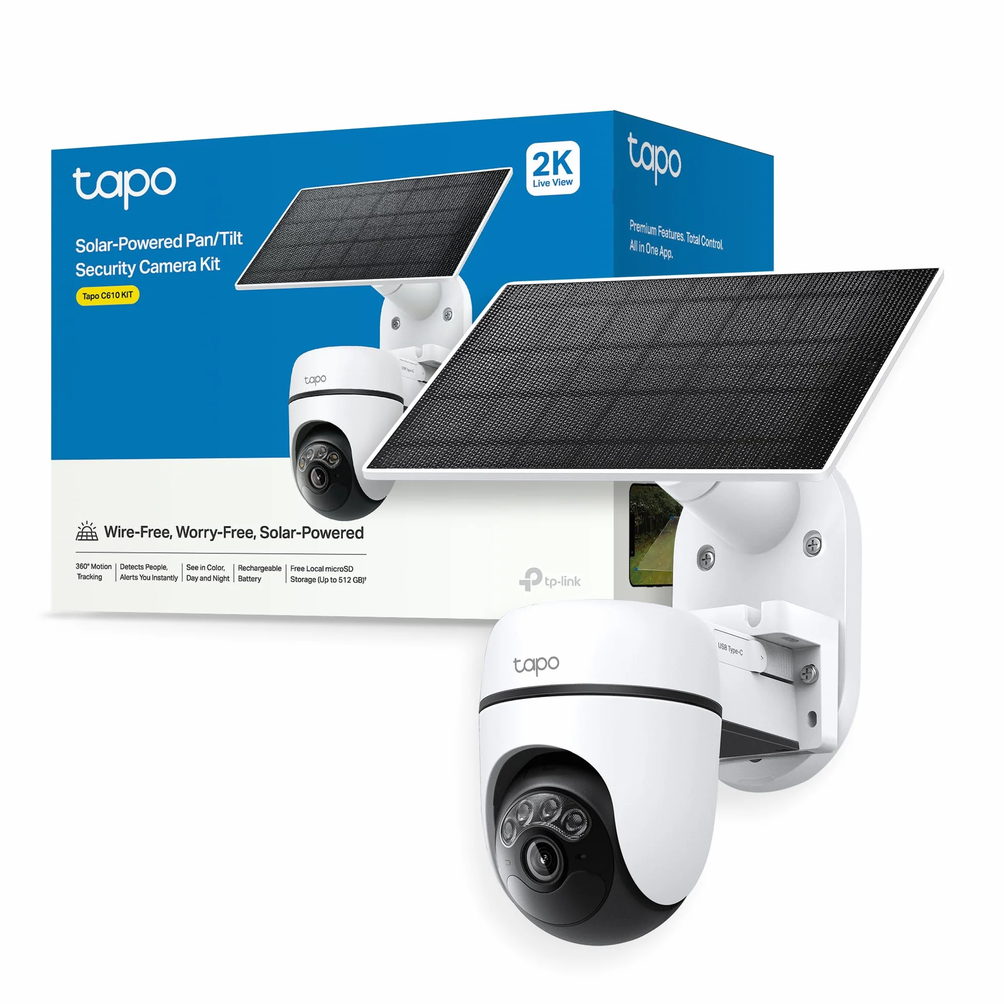 Tapo C610 Kit – Outdoor WiFi Surveillance Camera 2K 3MP with Solar Panel, 360° PTZ, 6700mAh Battery, Human Detection, Color Night Vision, AI Tracking, IP65 Wireless