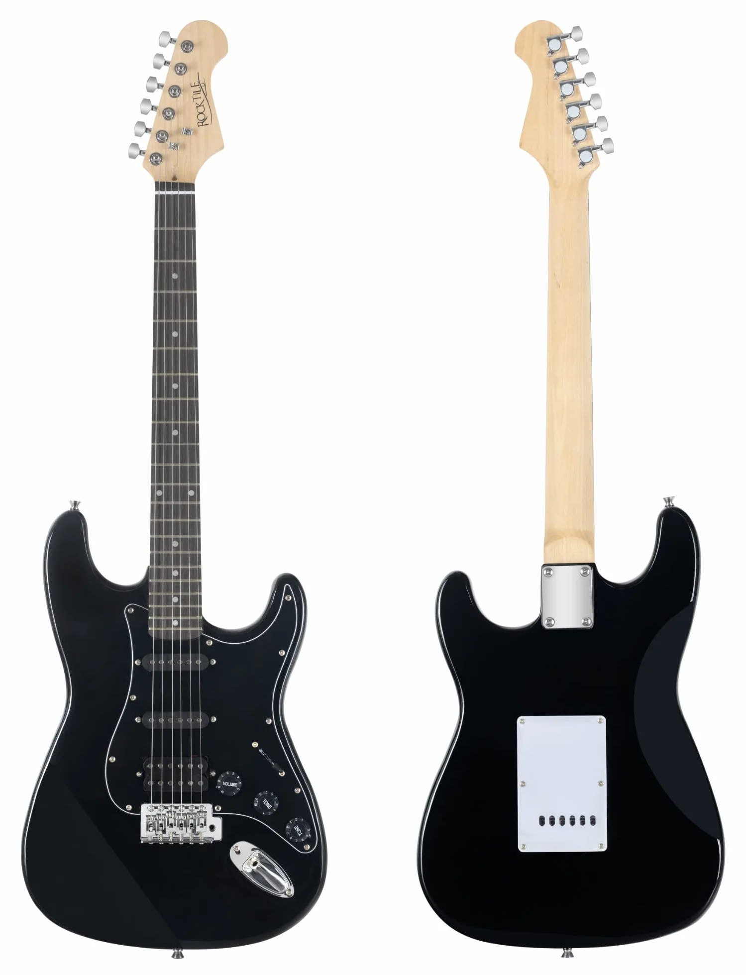 Set Completo Rocktile Banger's Power Pack Guitarra Eléctrica con Single Coil y Humbucker Pickups Negro (Amplificador, Funda, Cable, Correa, Púas, Tremolo, Cuerdas de Repuesto y Escuela con CD/DVD)