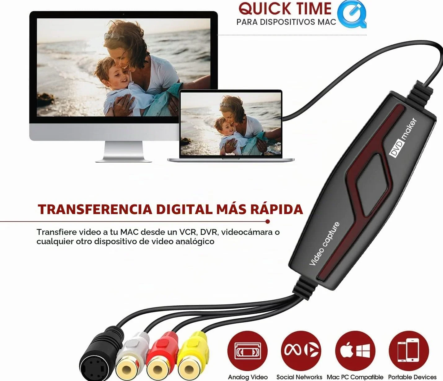 DIGITNOW!Convertidor de Captura de Vídeo USB,Hi8 VHS a DVD Digital Grabber Grabador ,Capturadora de Audio Vídeo para Mac Windows,Digitalizadora y Edite con Adaptador Scart/AV