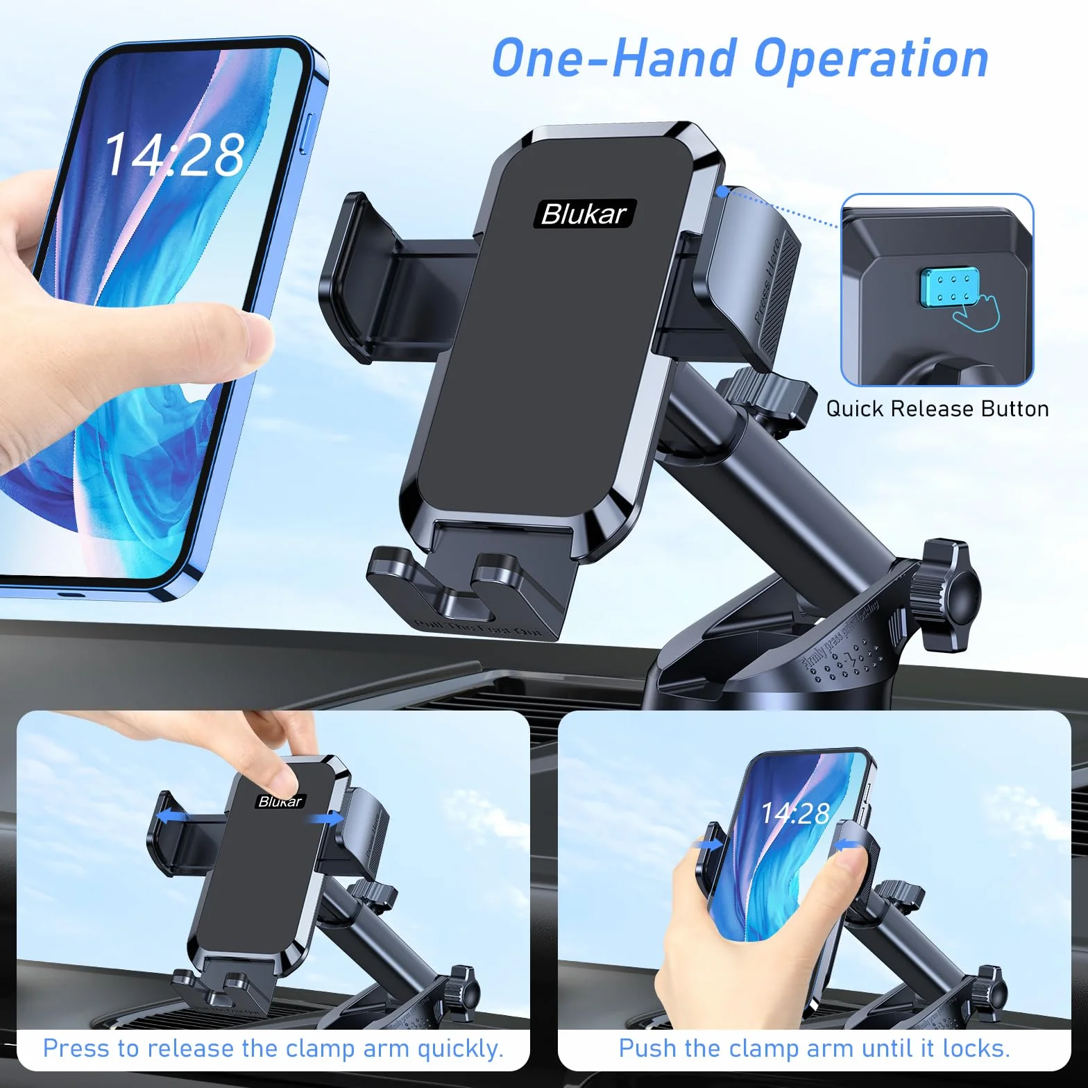 Blukar Soporte Móvil Coche, 2023 Upgraded Ajustable Soporte Teléfono Coche con Ventosa Fuerte & 360° Rotación - Liberación de un Botón Porta Movil Coche para Todos los Teléfonos de 4.0''-7.0'' (Negro)