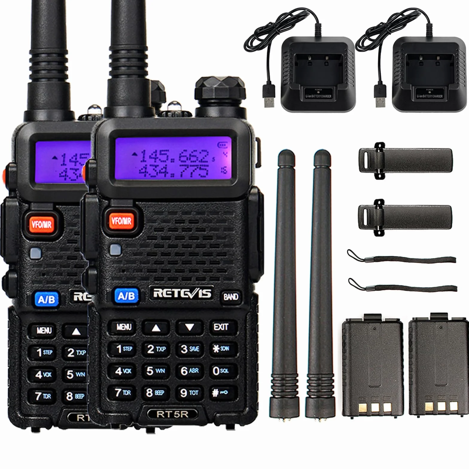 Retevis RT5R Walkie Talkie Profesional, Largo Alcance Walkie Talkie Doble Banda con Cargador de USB, 128 Canales Radio VOX FM Walkies Portátil de Mano para Almacén (RT5R (2 Piezas))