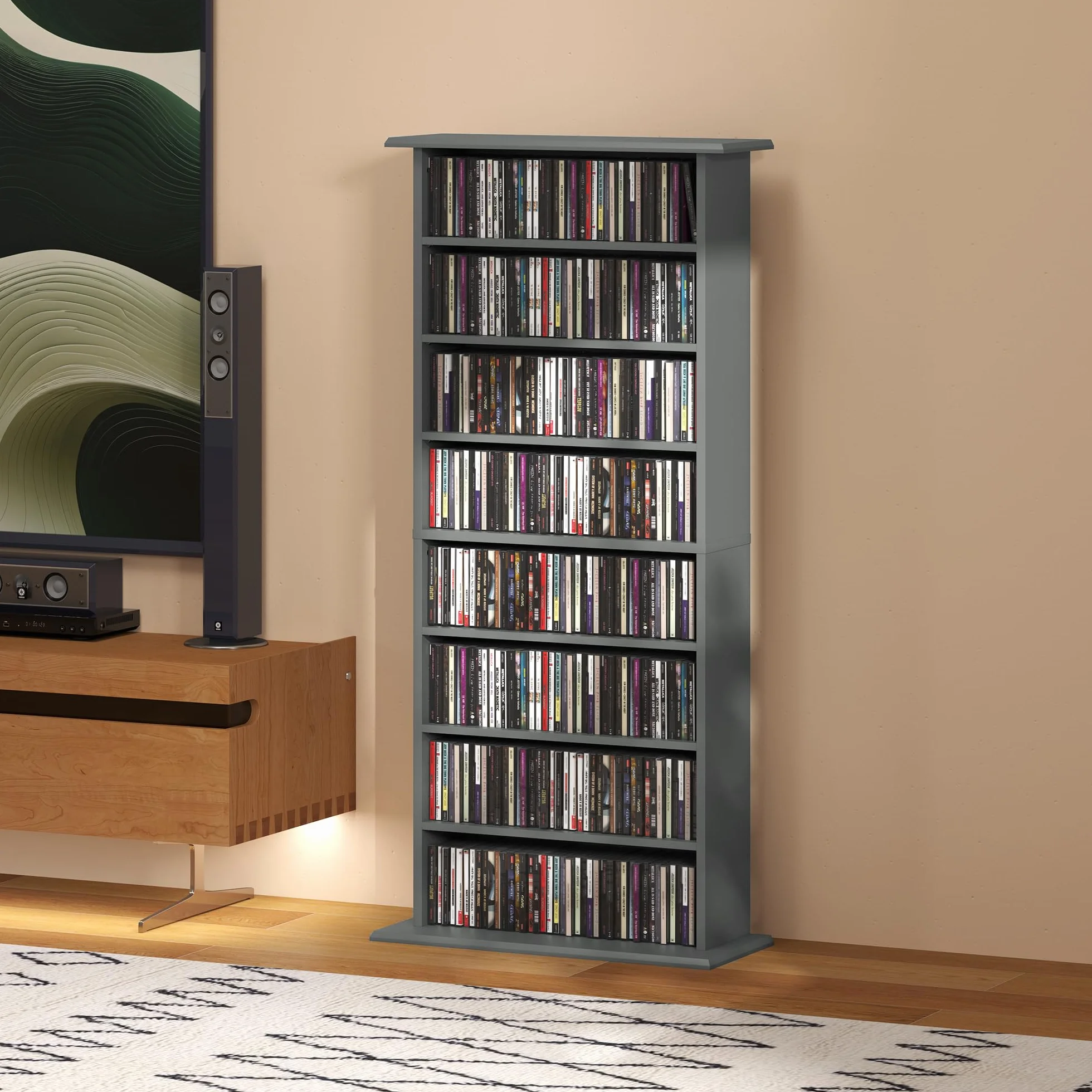 Almacenamiento de CD y DVD HOMCOM, unidad de almacenamiento multimedia, capacidad máx. 360 CD/185 DVD y Blu-ray, 8 compartimentos y 6 estantes ajustables, para salón, dormitorio, 58 x 24 x 126,3 cm,