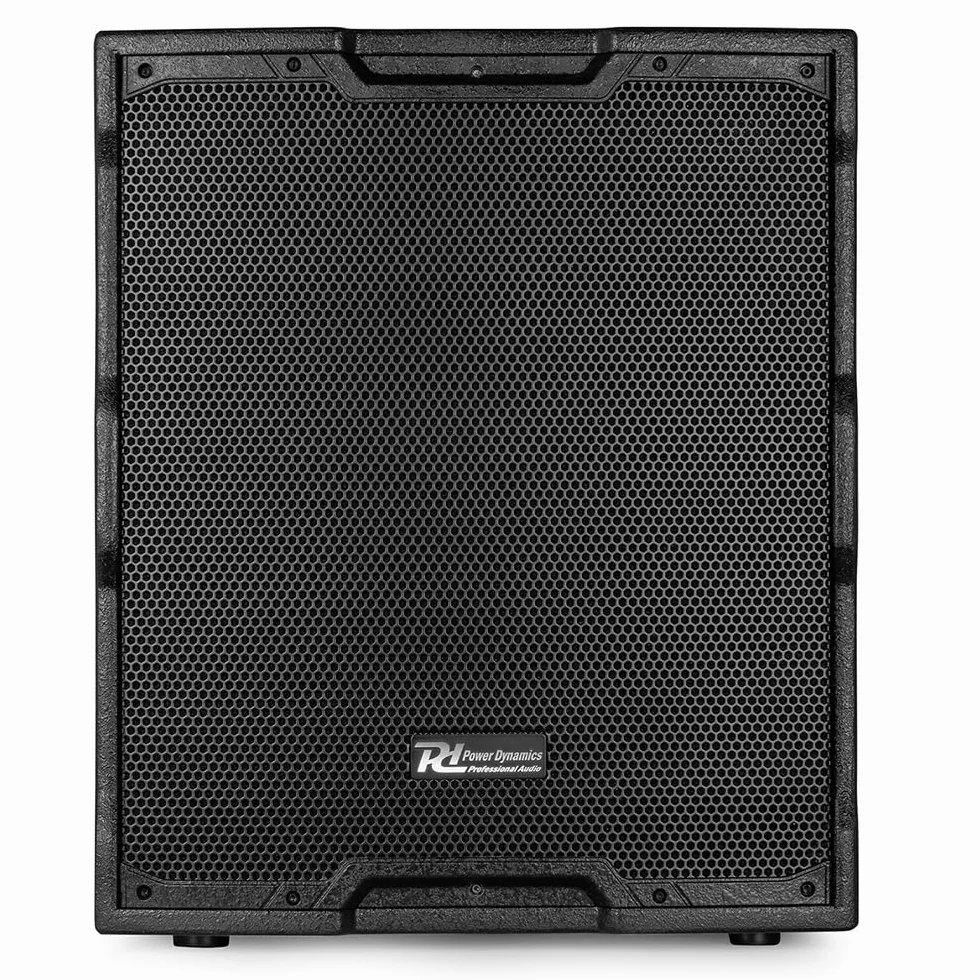 Power Dynamics PDY218SA subwoofer Amplificado de 18" y 1000W de Potencia Pico, entradas XLR balanceadas y RCA, limitador Integrado, Crossover Ajustable, Asas Laterales de Transporte, Color Negro