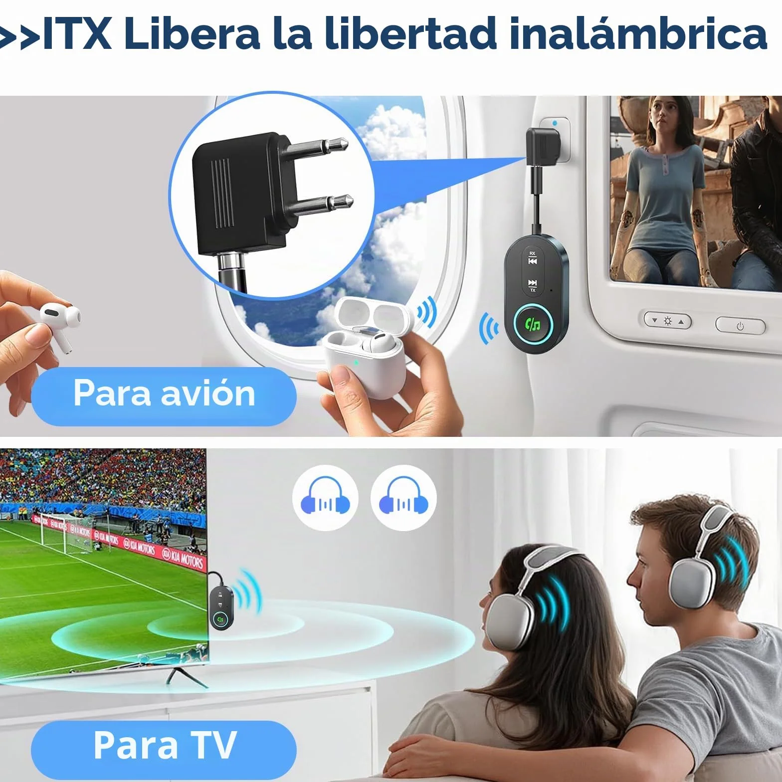 Receptor transmisor Bluetooth 5.3, conector dual para aviones, micrófono para llamadas, adaptador auxiliar 2 en 1 Bluetooth para auriculares, altavoz y coche