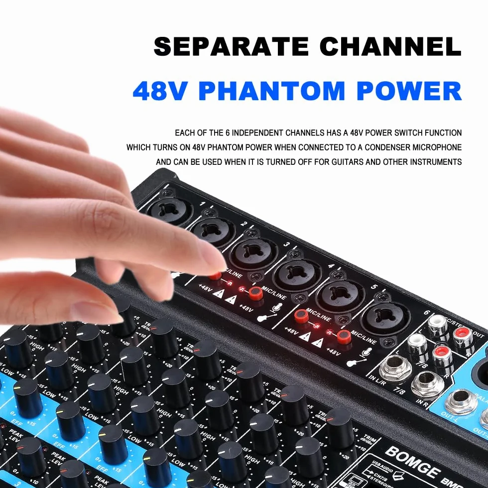 BOMGE Mini mezclador de audio de 8 canales, CC 5 V, con reproductor de MP3, Bluetooth, U disco 48 V, efectos 24DSP, grabación USB, ideal para clubes pequeños o bares, grabación de estudio (8 canales