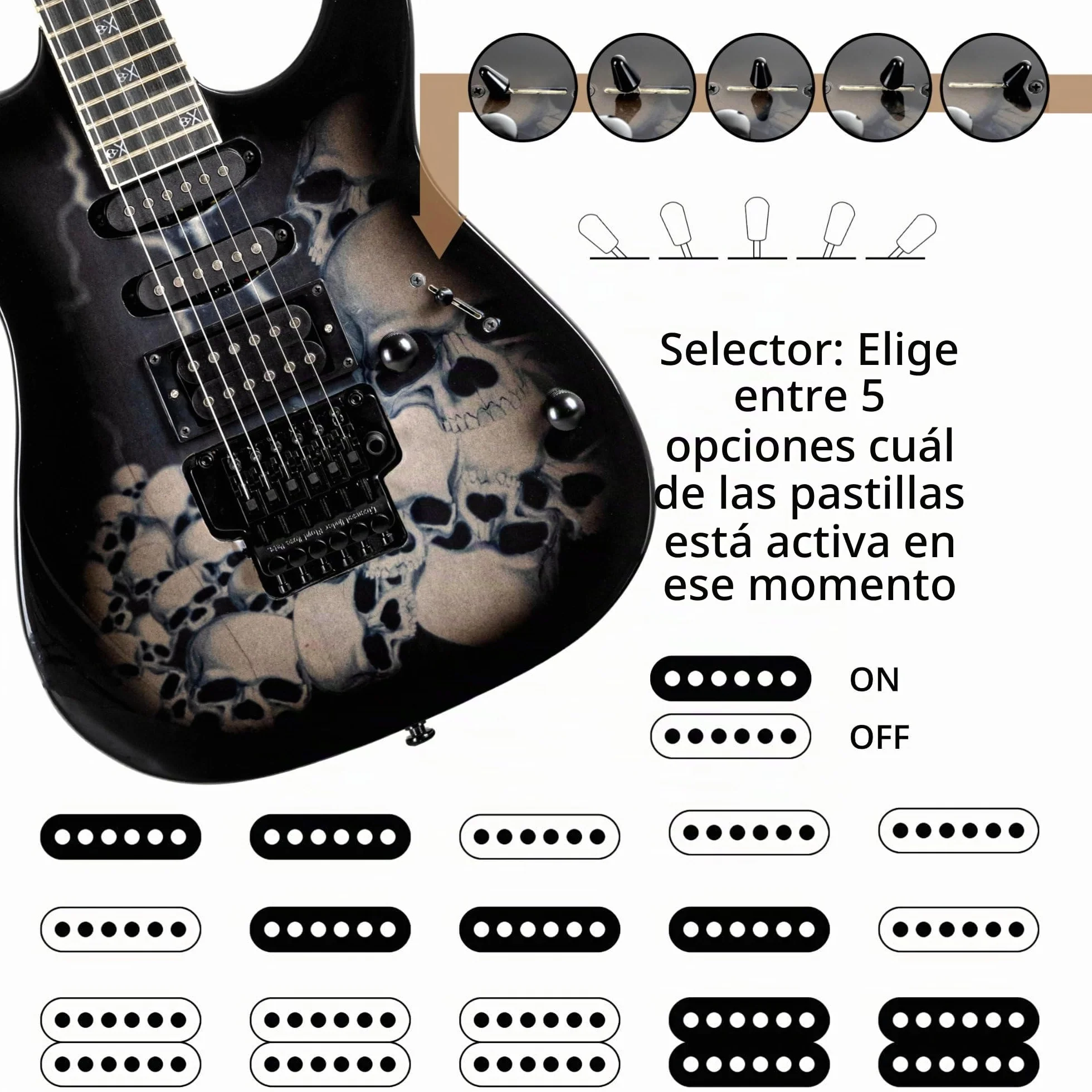 Rocktile Pro JK150-BSK Guitarra eléctrica 6 cuerdas ST-style, HSS, tremolo FR, 24 trastes jumbo, cuerpo tilo, mástil arce, accesorios incluidos. Negro con diseño Skull.