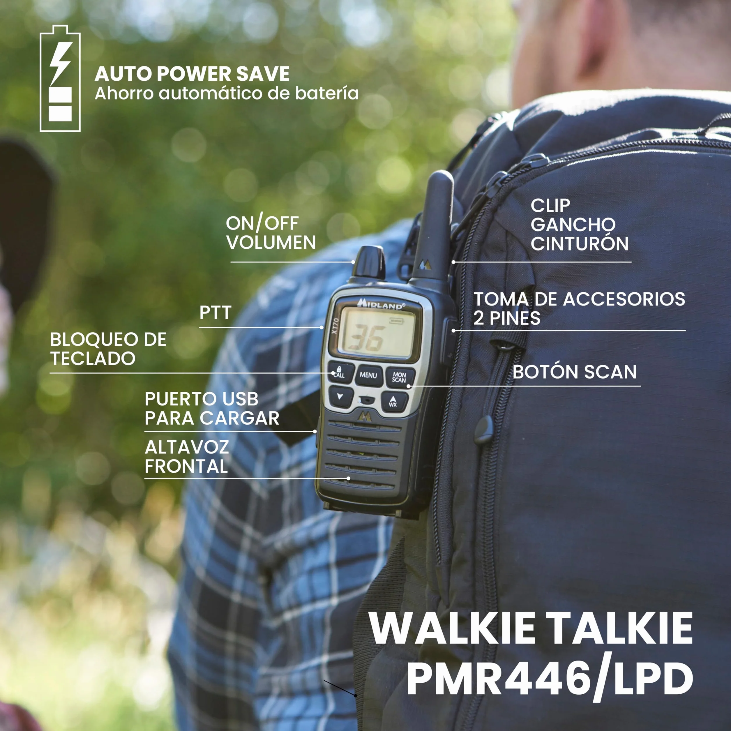 Midland C1180 XT70 - Walkie Talkie Profesional de Doble Banda con Carga Rápida - Gris - Formato 69 LPD y 24 PMR446, 12 km de Alcance, 38 Tonos, 83 Códigos - Set de 2 Transceptores