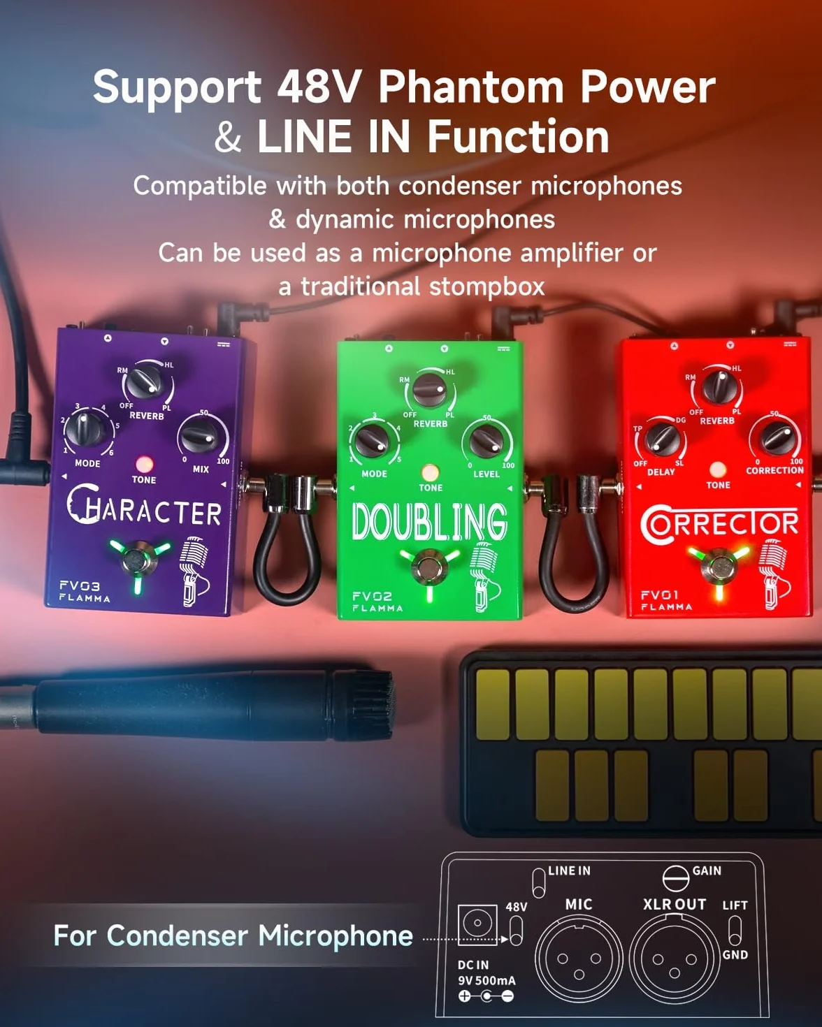 FLAMMA - Procesador de efectos vocales FV01, pedal de corrección de tono, stompbox de voz, amplificador de micrófono para cantantes, streaming, grabación con delay, reverberación y guitarra acústica