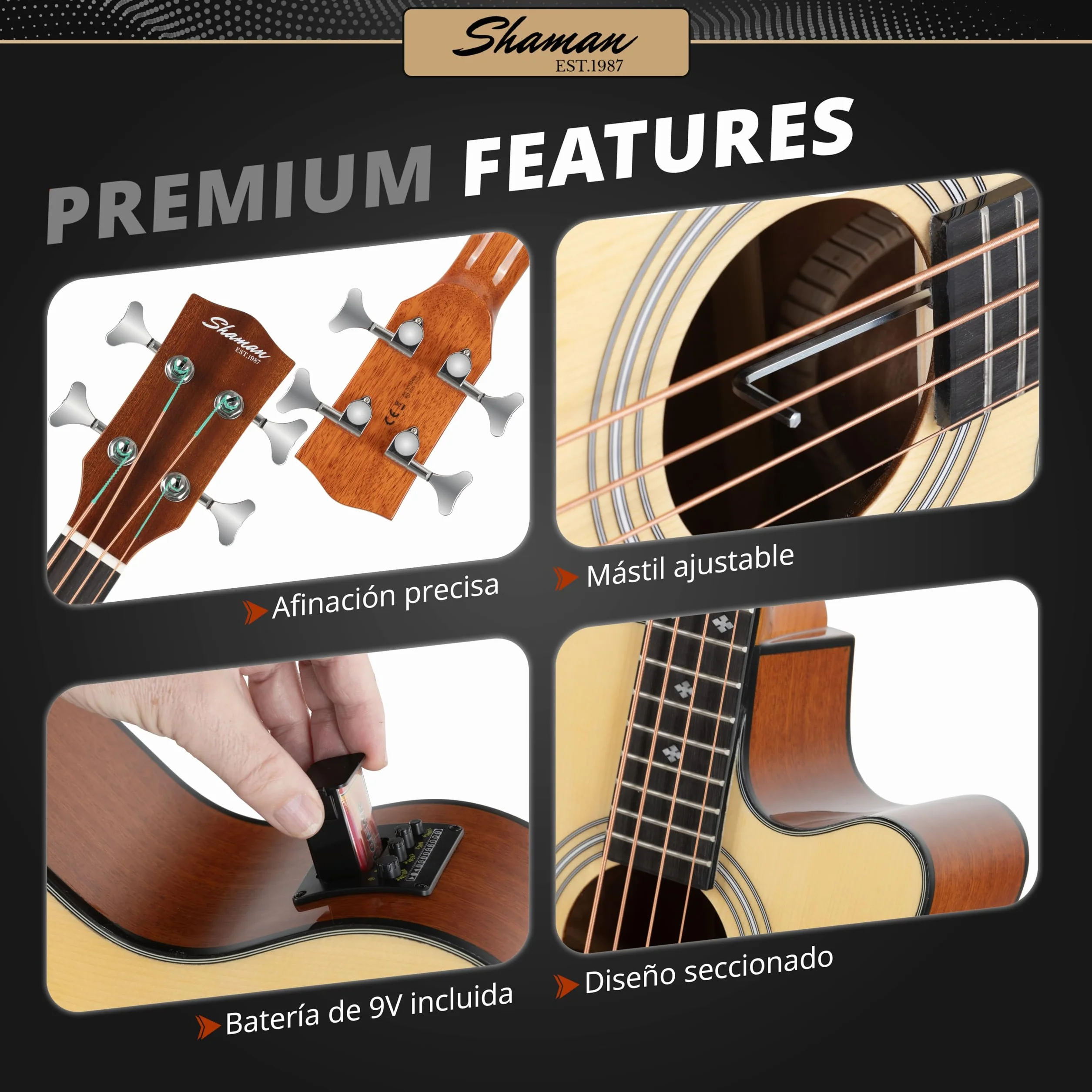 Shaman AB4-50CE Bajo acústico de 4 cuerdas - Tapa de abeto con cuerpo de caoba - Pastilla integrada con preamplificador y ecualizador de 2 bandas - Escala 34" - Acabado brillante - Natural