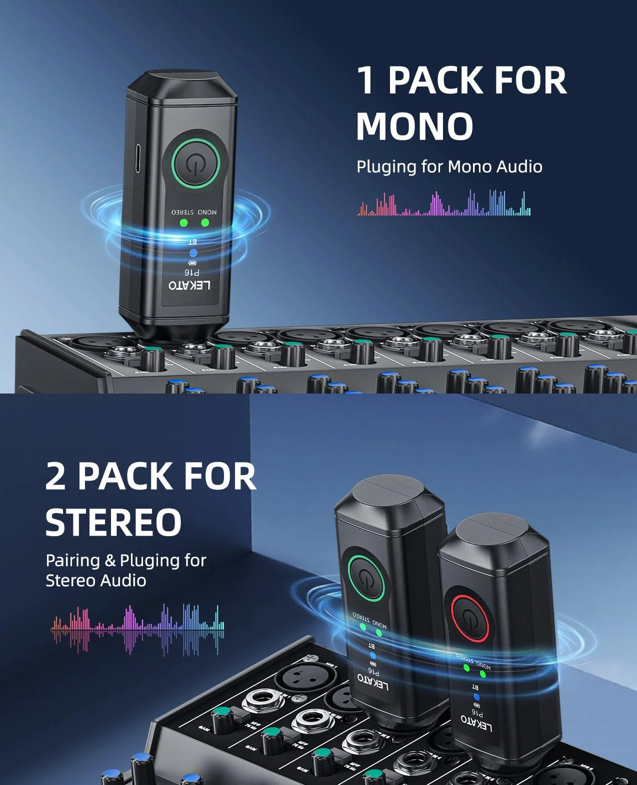 LEKATO P16 Receptor Bluetooth XLR, Audio Mono/Estéreo, Autonomía 15 h, Bluetooth 5.3, 48 kHz/24 bits, Alcance 50 m, para Mezcladores, DJ y Sistemas PA