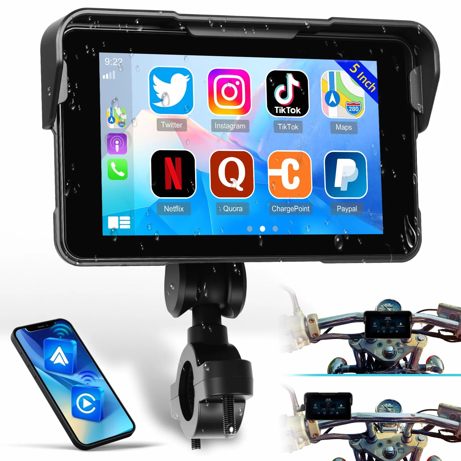 Pantalla Carplay Portátil para Motocicleta, Carplay Inalámbrico y Android Auto para Motocicleta, Pantalla Táctil Impermeable IP68 de 5" para Motocicleta, Compatible con GPS, Enlace Espejo, Bluetooth