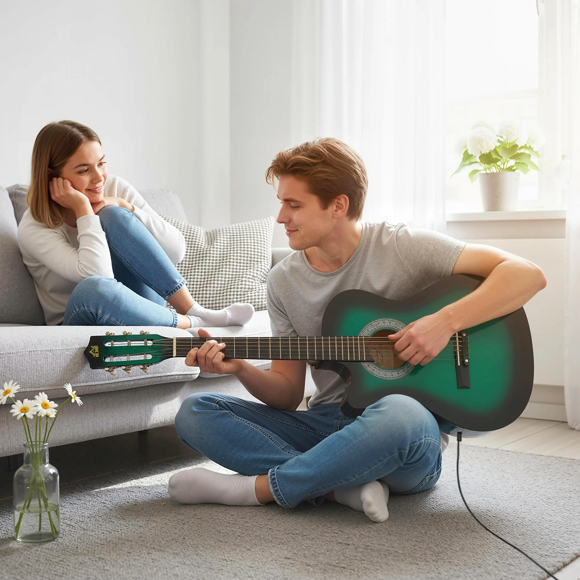 Guitarra acústica eléctrica HOMCOM de 38 pulgadas, guitarra clásica para principiantes y adultos jóvenes, acabado brillante, con estuche de transporte, correa, púas y cuerdas de repuesto - Verde
