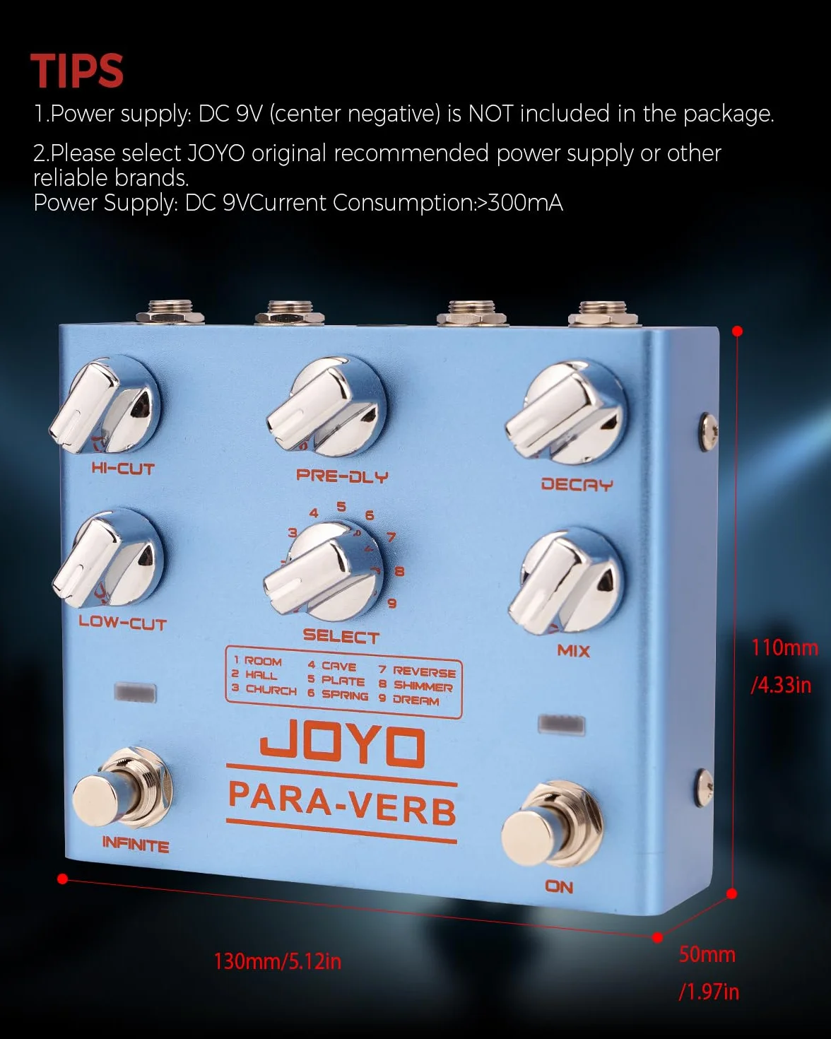 Pedal de reverberación JOYO Pedal digital estéreo para guitarra con 9 efectos de reverberación Funciones infinitas y de cola para guitarra eléctrica - True Bypass (PARA-VERB R-31)