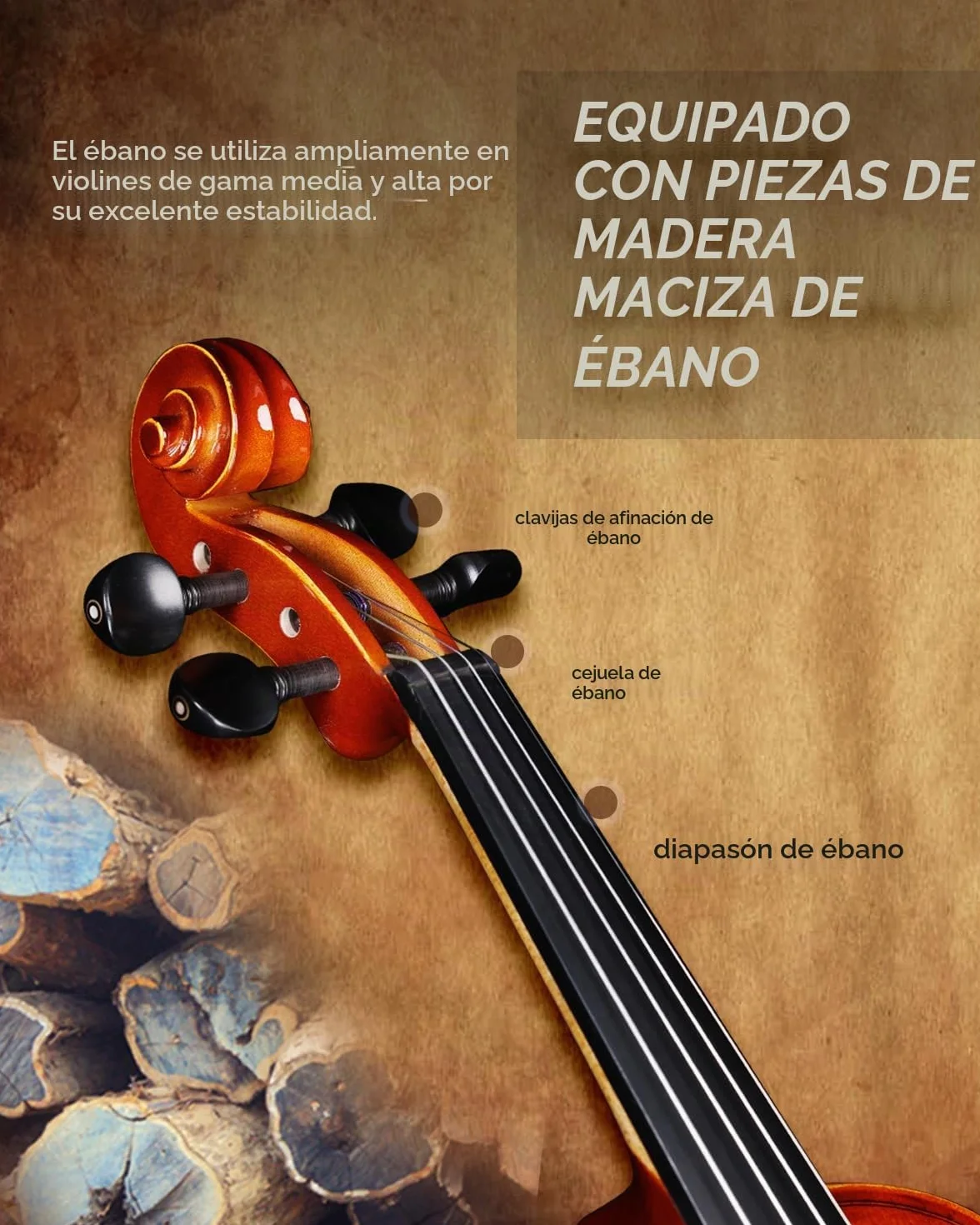 Violín 4/4 de tamaño completo para estudiantes, adultos, violín de abeto europeo sólido con soporte para partituras