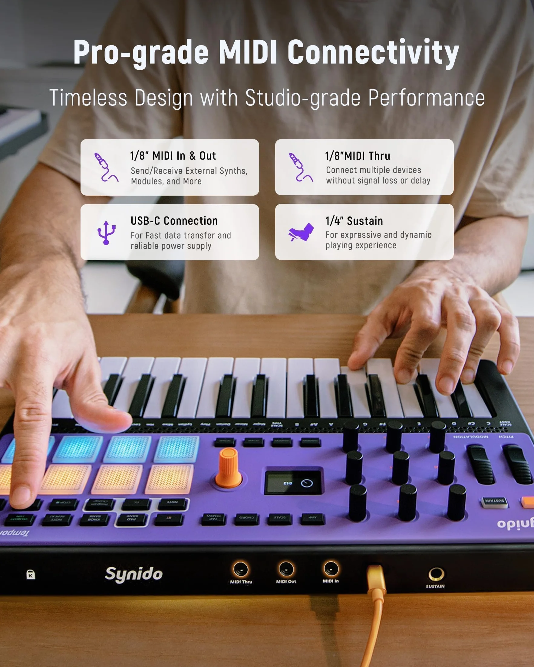 Synido TempoKEY W25 - Teclado controlador USB C MIDI de 25 teclas, conexión inalámbrica recargable con 8 almohadillas RGB de velocidad, pantalla OLED, entrada/salida/pasante, teclado MIDI profesional