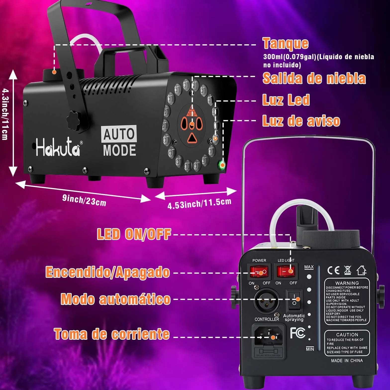 Hakuta Máquina de Niebla con 18 Luces LED, Mando a Distancia, Función Automática - Efecto Humo para Fiestas, Eventos en Interiores, Decoración Hogar (Negro)