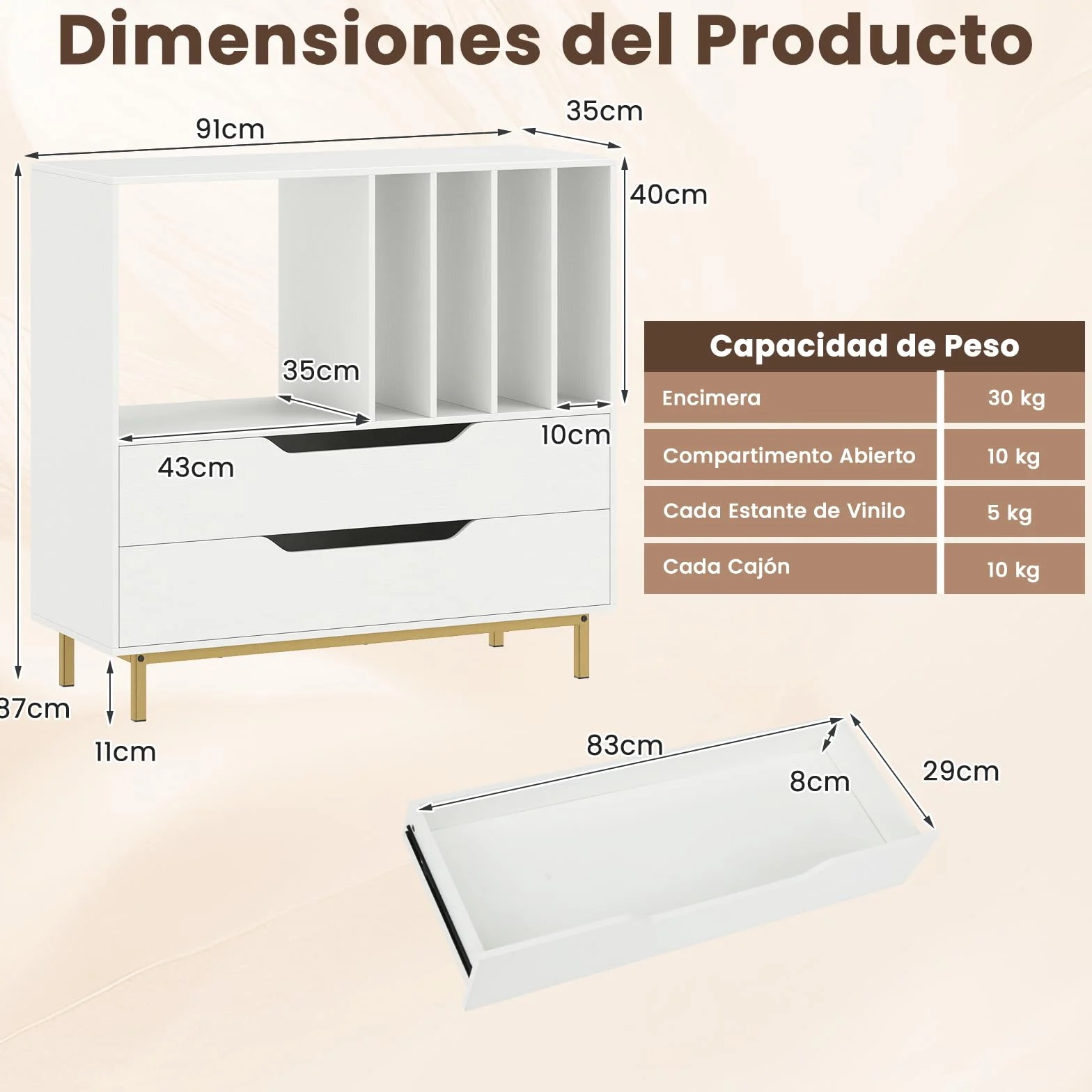 COSTWAY Mueble Tocadiscos, Soporte para Tocadiscos con Compartimento Abierto, 4 Estantes de Vinilos, 2 Cajones y Patas de Metal, Mesa Auxiliar de Discos Vinilos para Salón, 91 x 36 x 87 cm (Blanco)